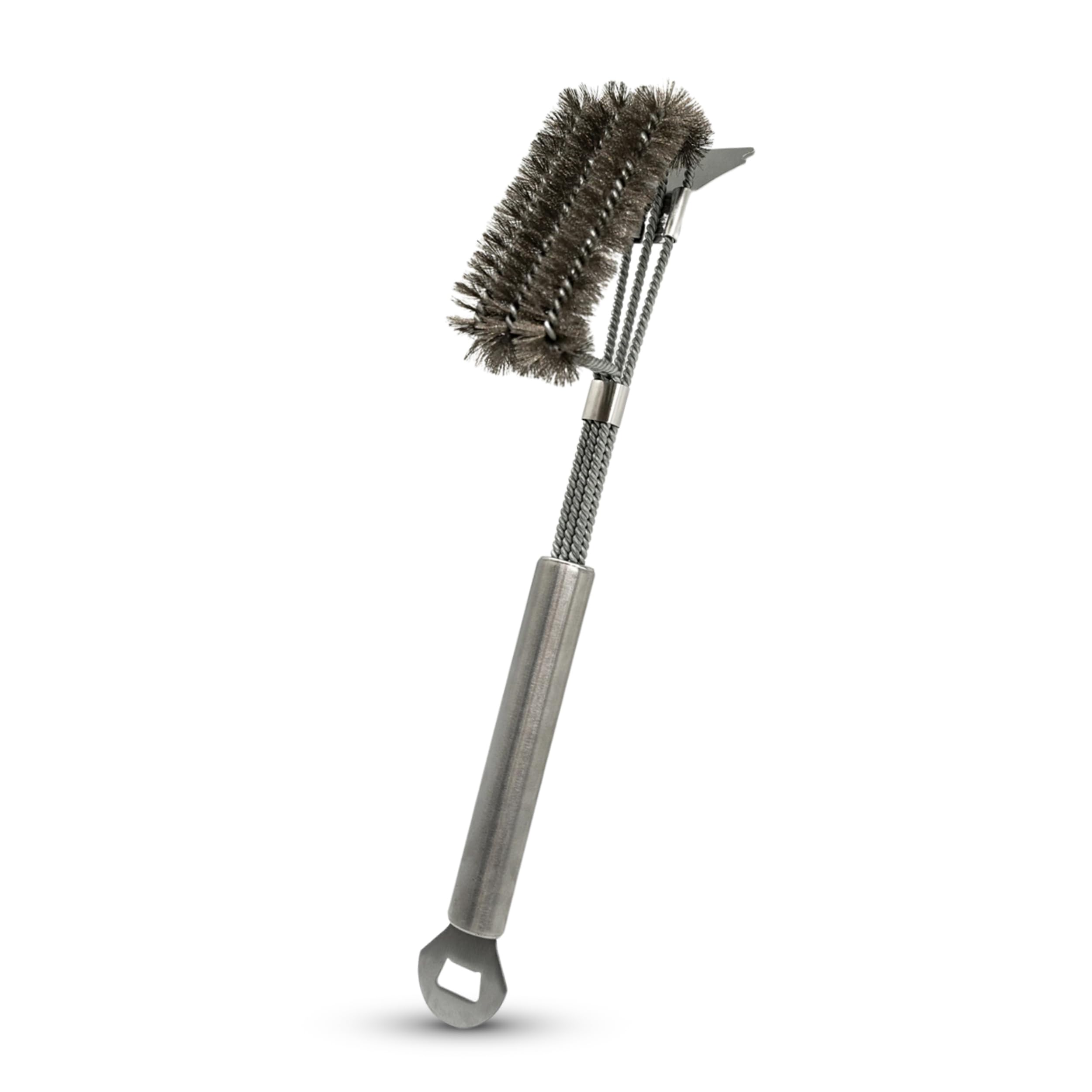 BABOSSA 3-in-1 Grillbürste Edelstahl – Multifunktionales Grillzubehör mit robusten Edelstahl Borsten, Schaber und Flaschenöffner – Für die einfache Reinigung von Planchas und Grillplatten