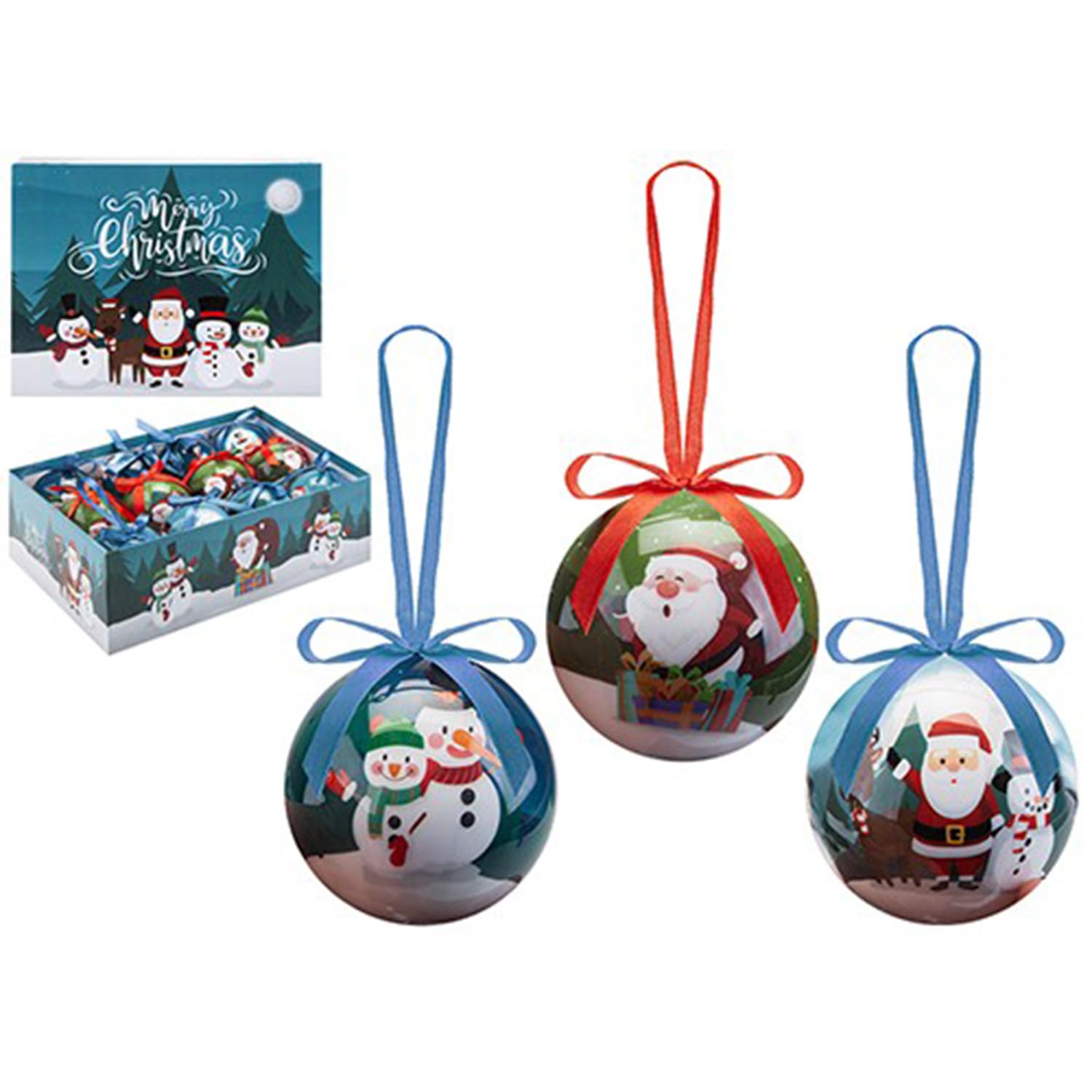 Pms Multicoloured 12 Cute Christmas Baubles - Fun Santa Decoupage Tree Decorations - Hanging Ornaments - 75Mm 7.5Cm Glossy Boxed Set