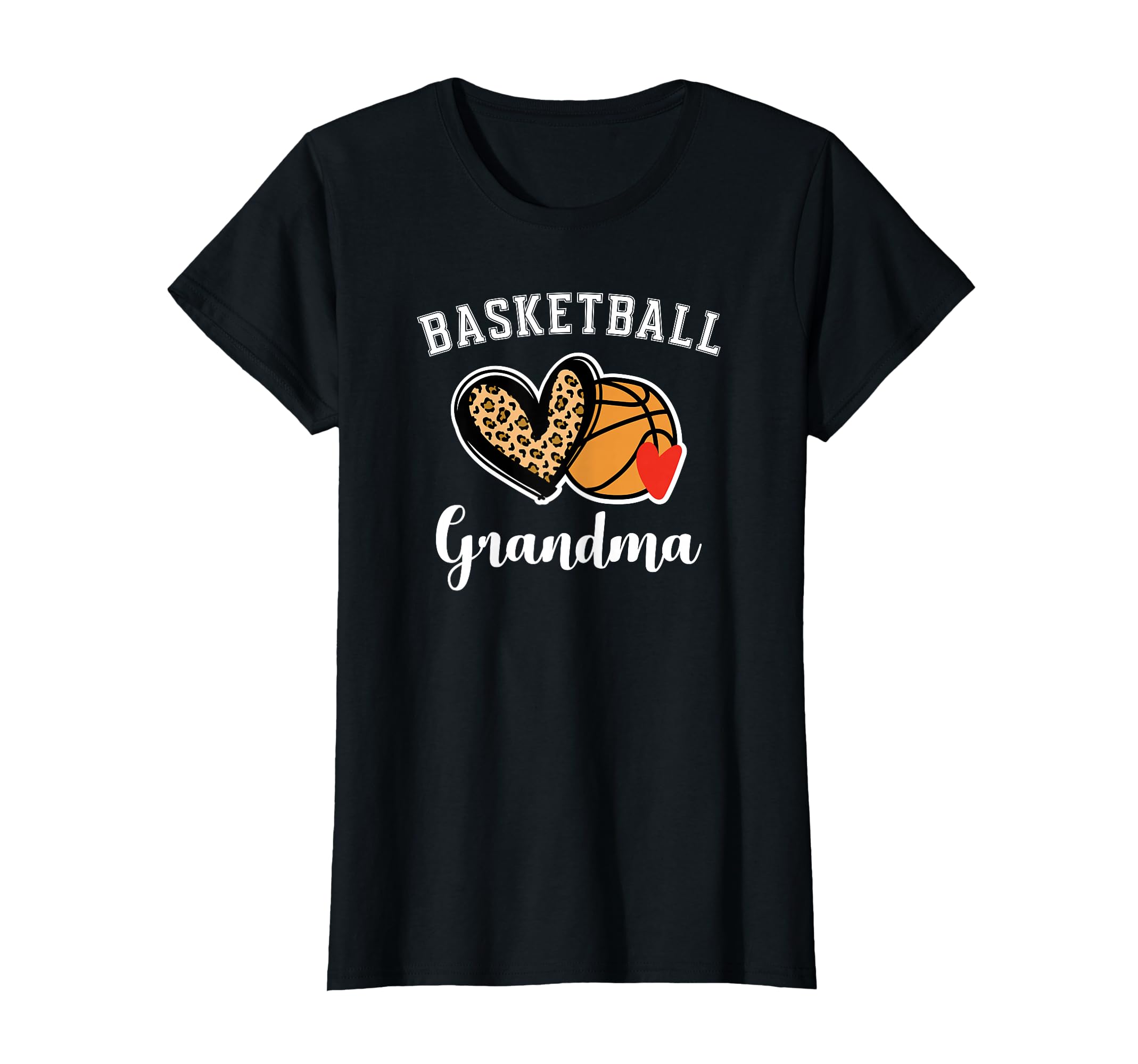 Threadrock Women's Basketball Grandma Leopard Heart Grandmother T-Shirt - Black - X-Small