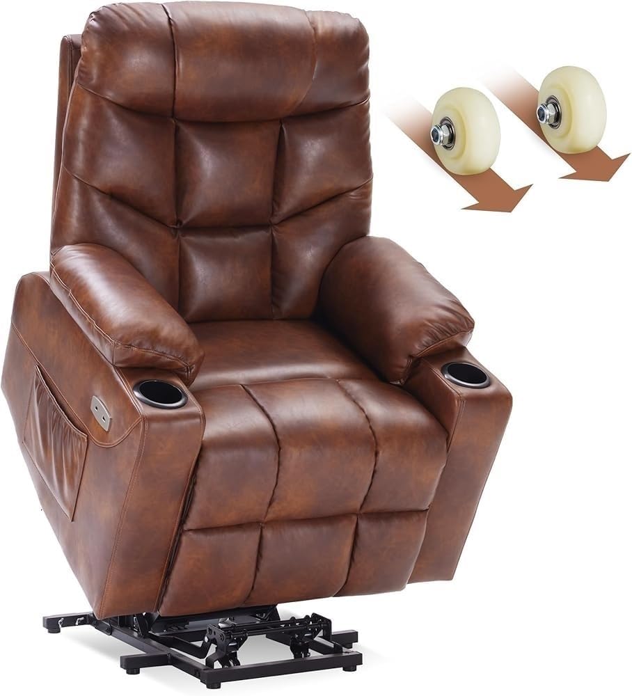 Faux Leather Lift Recliner Chair for Elderly with Wheels Heated Massage Recliner Sofa Adjustable Positions Safety Motor Cup Holders USB Ports Side Pockets Large Comfortable Lift Chair