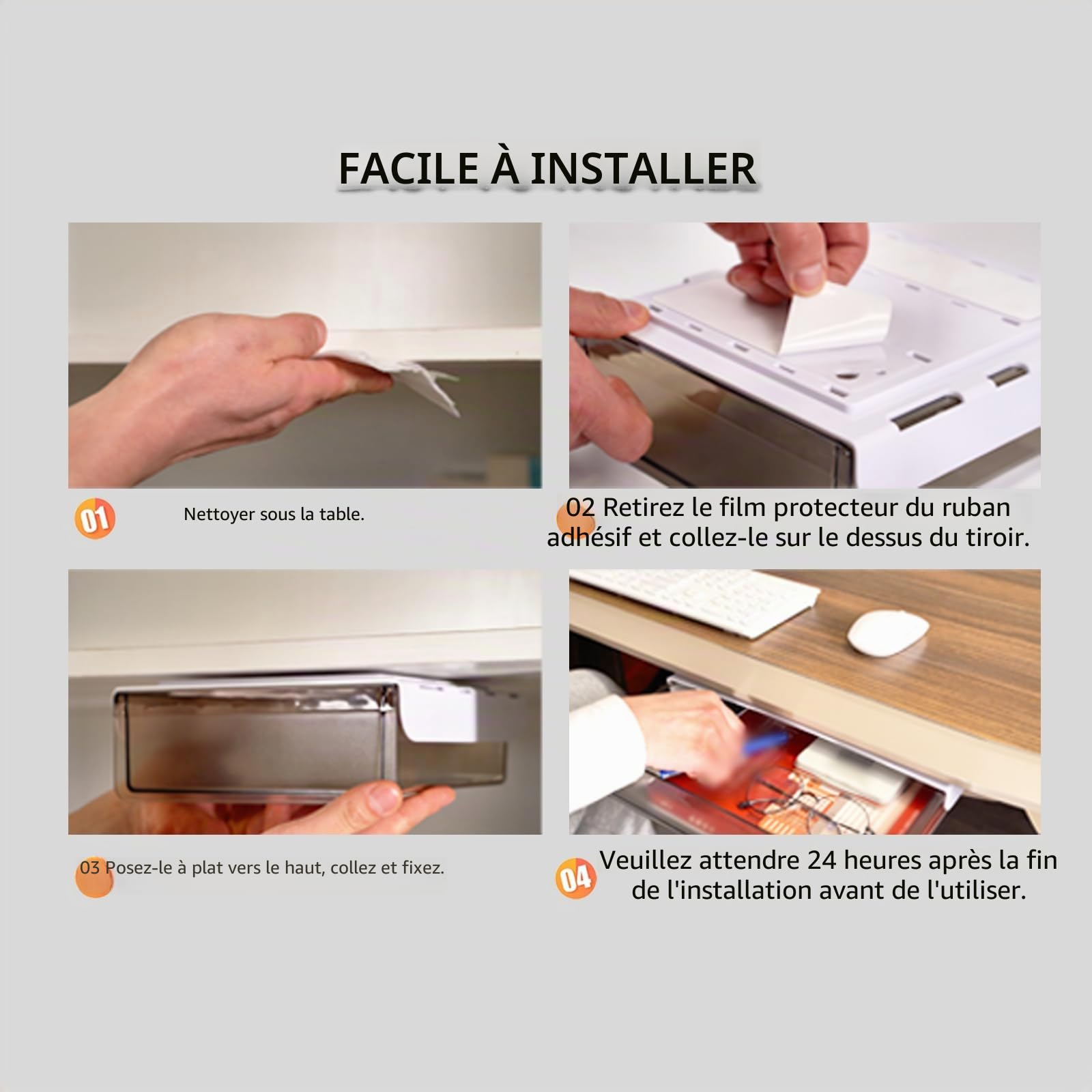 Lot de 3 tiroirs de rangement sous le bureau - Avec colle - Créez un espace de rangement supplémentaire pour votre maison, bureau, cuisine, fournitures scolaires