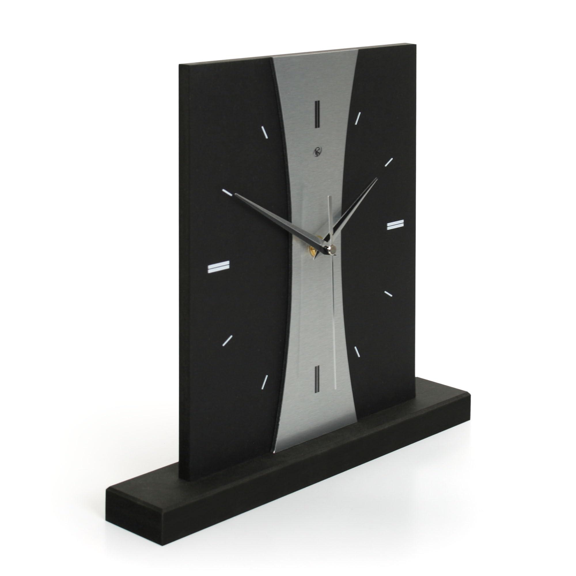 Kreative Feder Designer-Standuhr „Stripe“ aus Holz – Schwarze Tischuhr in modernem Metallic-Look ohne Ticken (Silver Stripe, leises Funkuhrwerk)