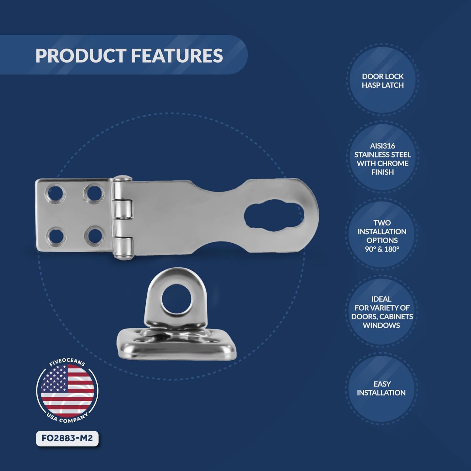 Five Oceans Marine Door Lock Hasp Latch, Safety Lock Clasp Latch for All Doors, AISI316 Stainless Steel, 2 Positions 90 Degrees and 180 Degrees