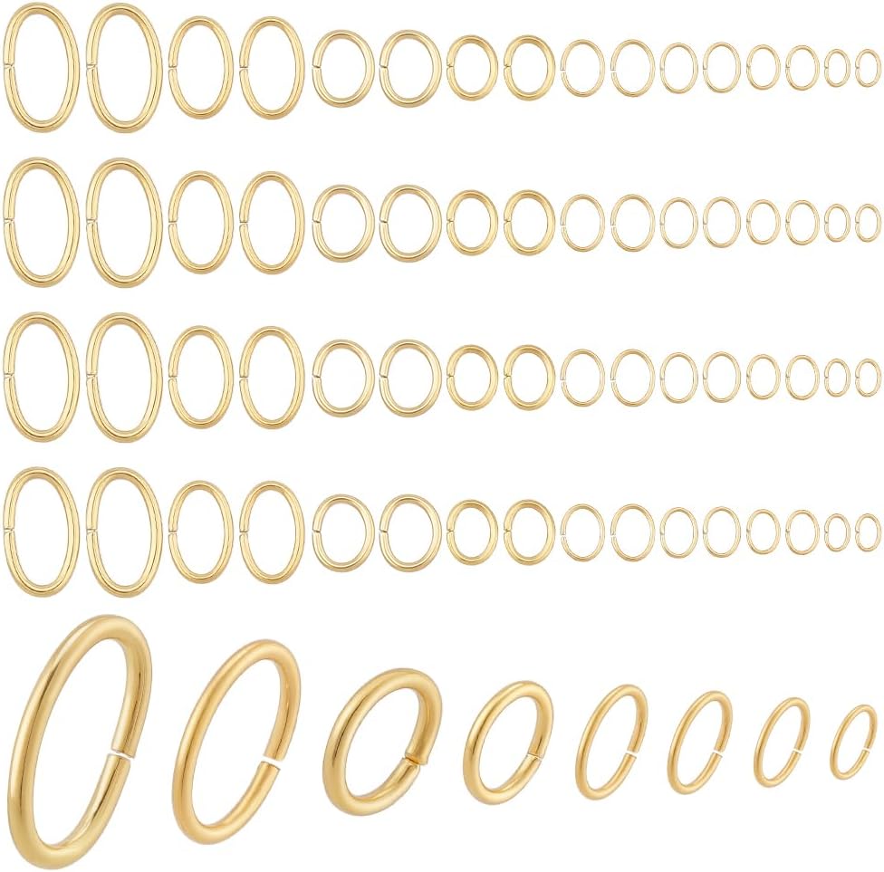 WADORN 800Pcs 8 Sizes 18K Gold Plated Oval Jump Rings Stainless Steel Open Jump Rings for Professional Jewelry Making DIY Craft Projects Necklace Earring Bracelet Supplies