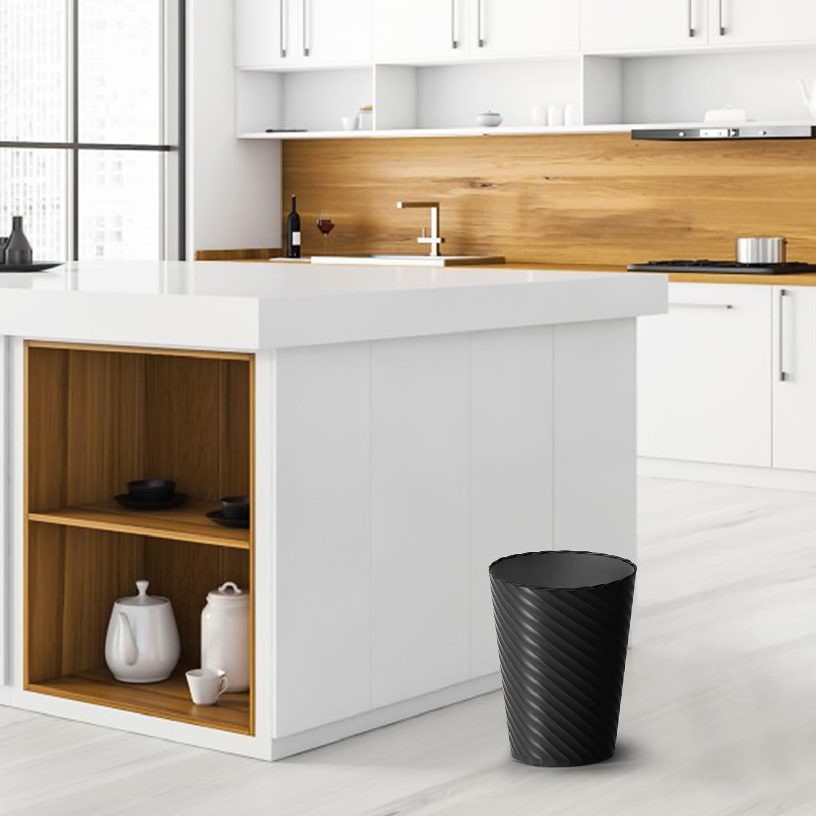 Paquete de 3 botes de basura pequeños de 1.8 galones con bolsas de basura, cubos de basura de plástico, cestas redondas para baño, dormitorio, oficina, cocina, espacio compacto (negro)