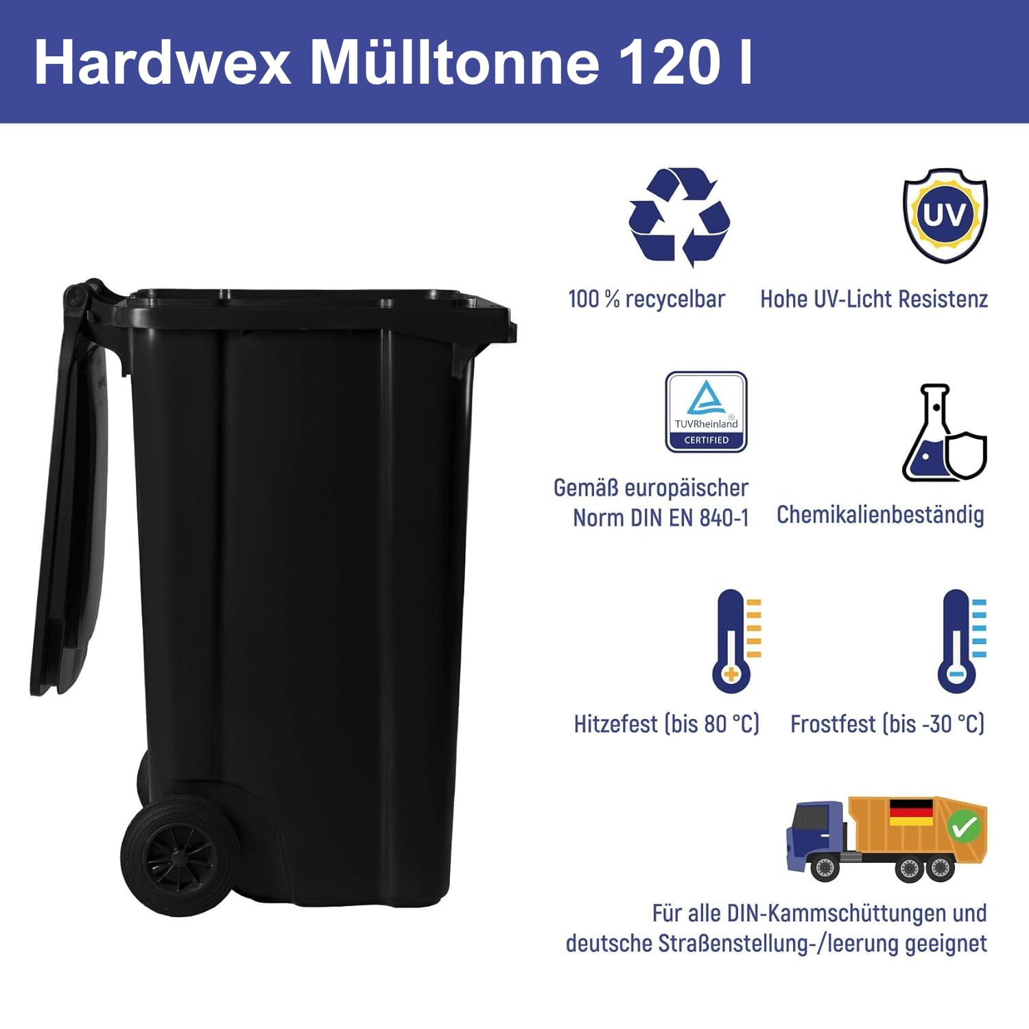 Hardwex Mülltonne 120 Liter Grau 964 x 480 x 550 mm mit Deckel und 2 Rädern
