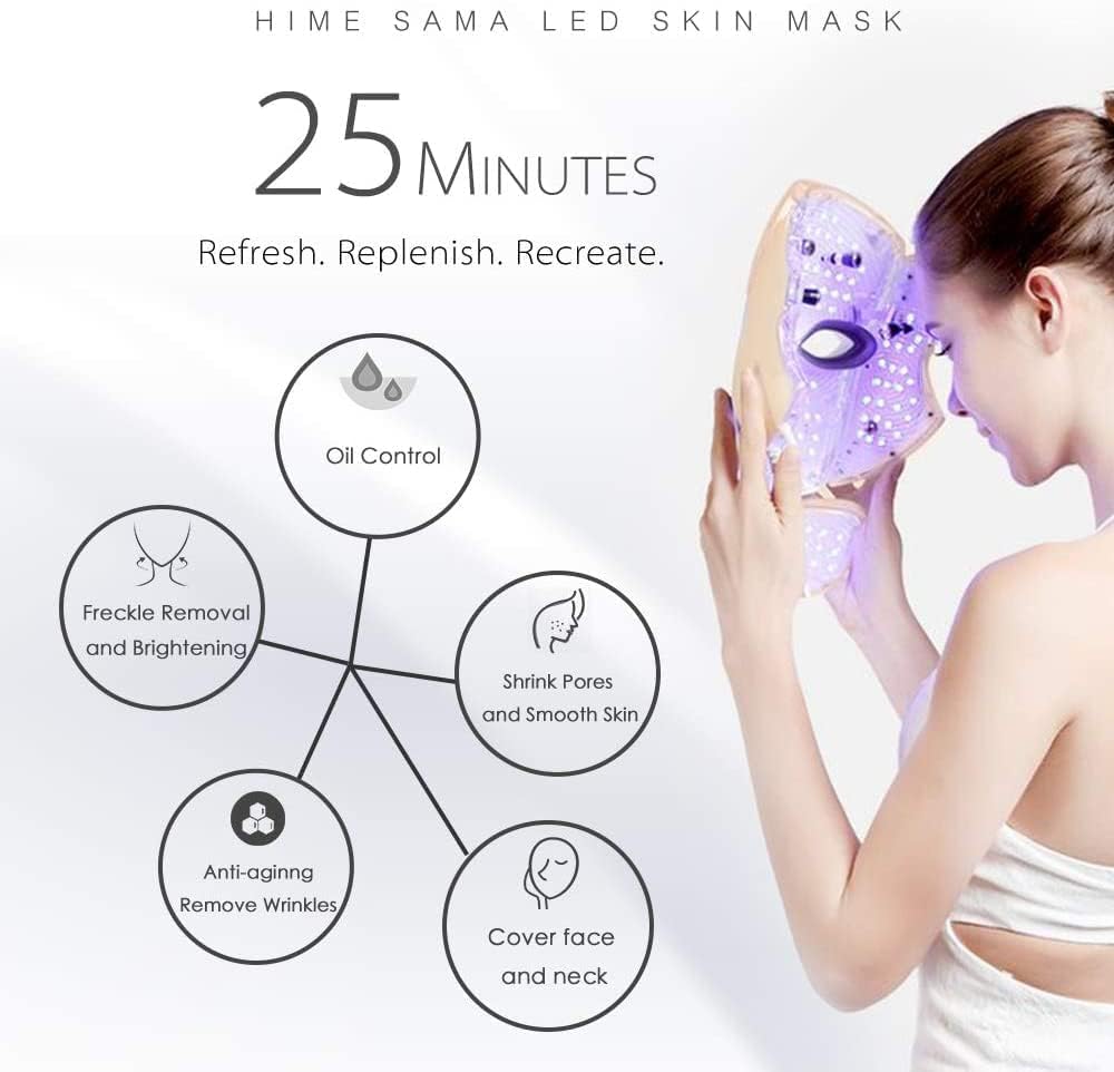 HIME SAMA Maschera per il viso a LED, 7 colori LED per la cura della pelle del viso e del collo, idonea per FSA/HSA, maschera per il viso a LED blu e rosso, maschera facciale portatile e maschera