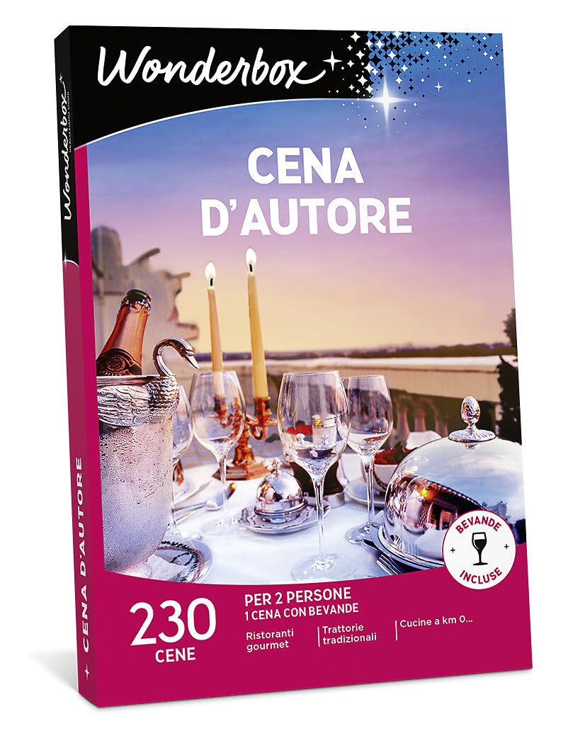Wonderbox - Cofanetto Regalo - Cena d'autore - 1 cena con bevande - 2 persone - Piatti gourmet selezionati in trattorie, enoteche, ristoranti italiani ed etnici - Fino a 3 portate