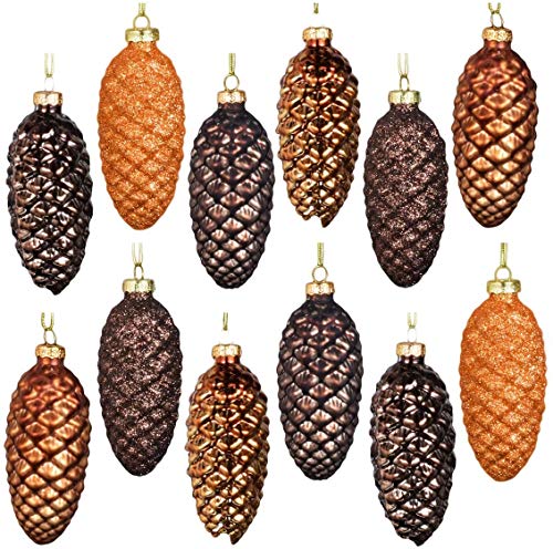 Ecosides 100mm Glas Tannenzapfen Christbaumschmuck Set von 12, hängende Kugeln Deko Glas Weihnachtskugeln Ornaments für Christbaumschmuck für Weihnachten Festival Holiday (12PCS, Braun) Cover