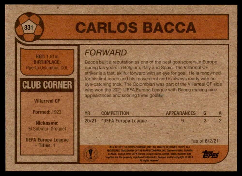2021 Topps The UCL Living Set UEFA Champions League #331 Carlos Bacca Villarreal Official Soccer Futbol Trading Card LIMITED PRINT RUN (Stock Photo Used) NM-MT