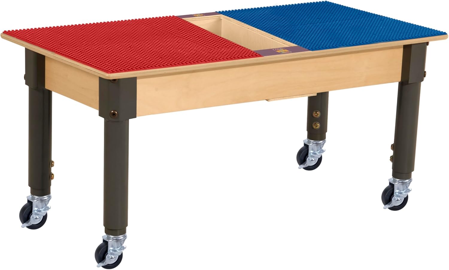 Wood Designs Time-2-Play 30.75"x15.5" Rectangular School Activity Table, Red & Blue Lego Compatible Play Table with a Trough and Wheels for Kids, 12”-17” Adjustable Legs [Rolling Casters Included]