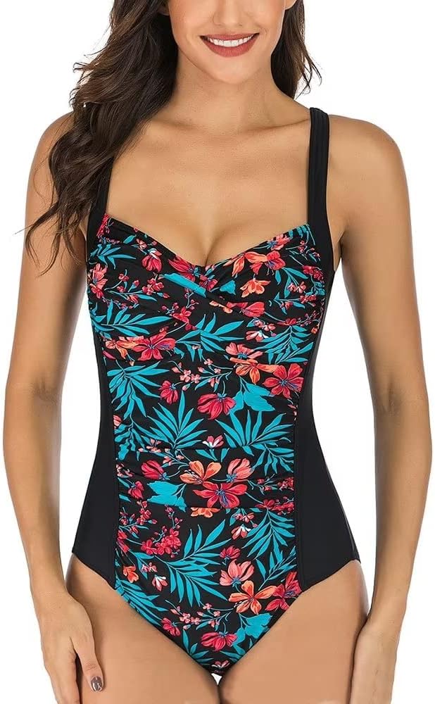 FARIHWomens One Piece Swimsuit Elegant Inspired Vintage Pin up Monokinis Tummy Control Swimwear Shirred Bathing Suits Orange