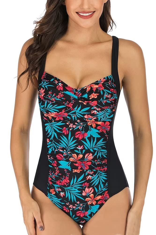 FARIHWomens One Piece Swimsuit Elegant Inspired Vintage Pin up Monokinis Tummy Control Swimwear Shirred Bathing Suits Orange