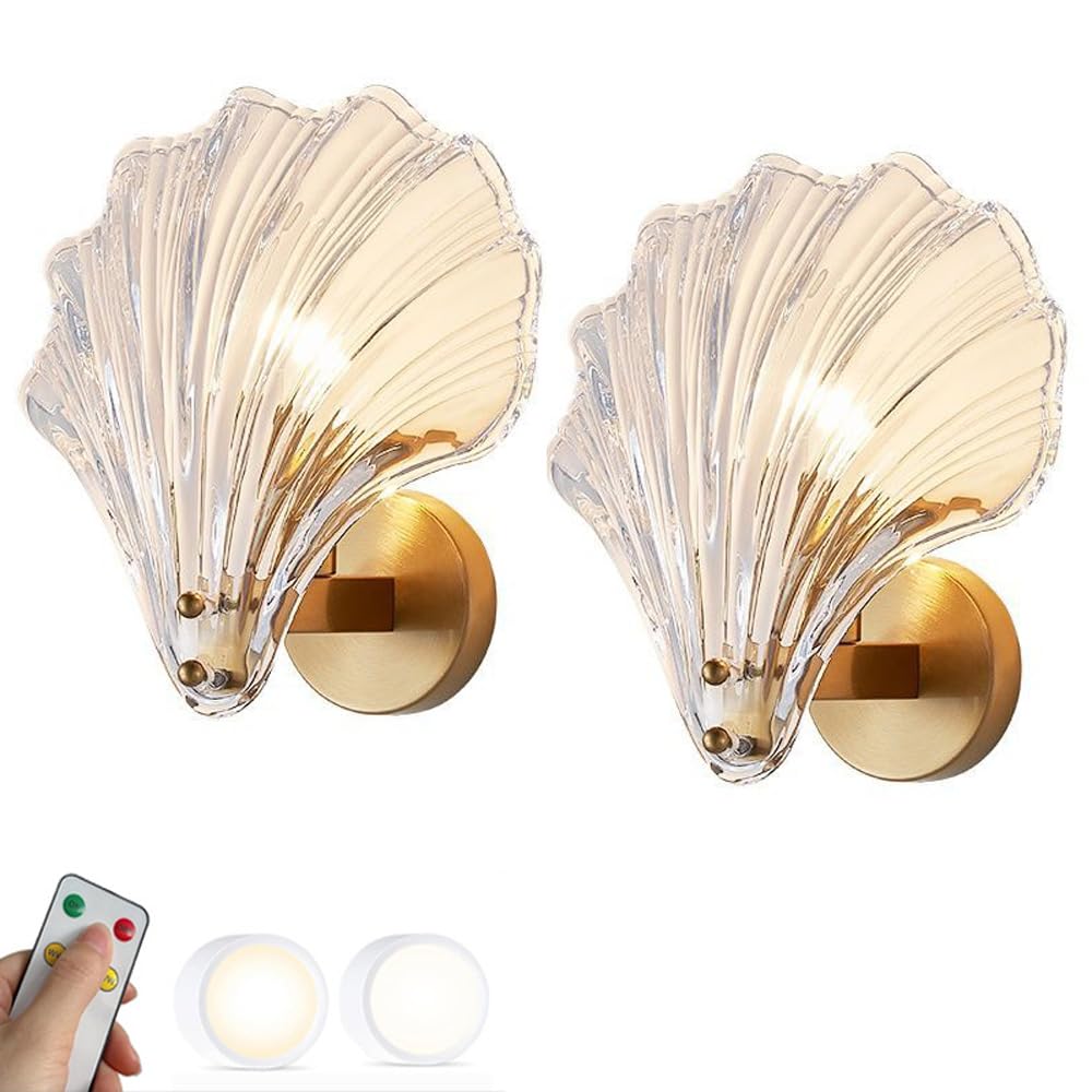 Ensemble de 2 appliques murales en verre transparent à piles, applique murale sans fil rechargeable par USB, style nordique moderne, avec télécommande, coquillage doré, lampe murale sans fil c