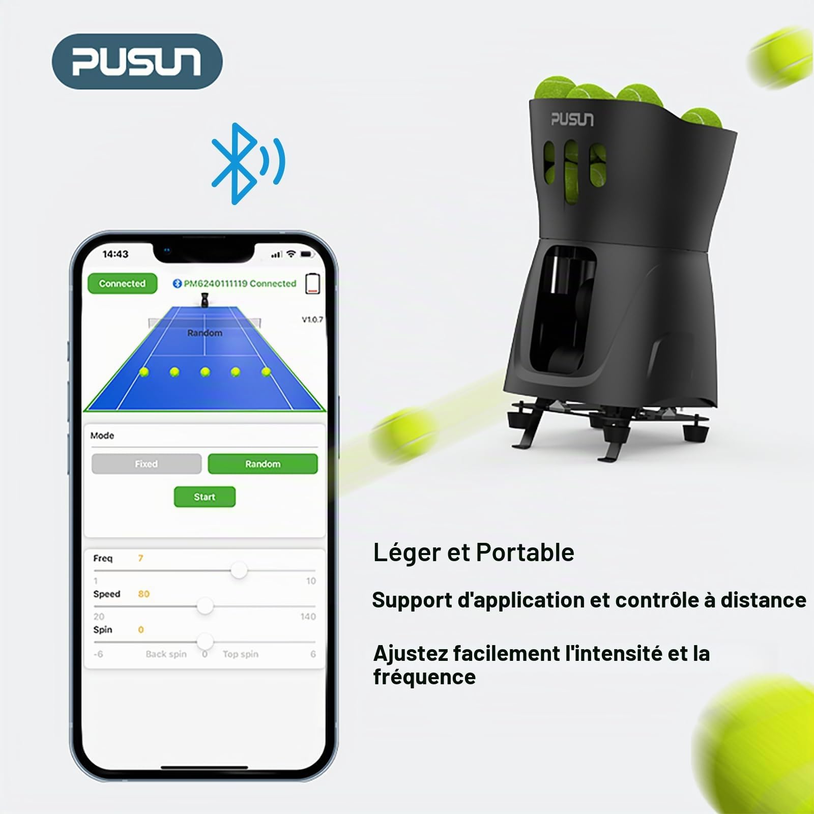 PUSUN PT-Mini Pro Machine de Lancement Portable pour Pratique et Entraînement, Prise en Charge App, Réglage à Distance Vitesse Angle, Capacité 65+ Balles