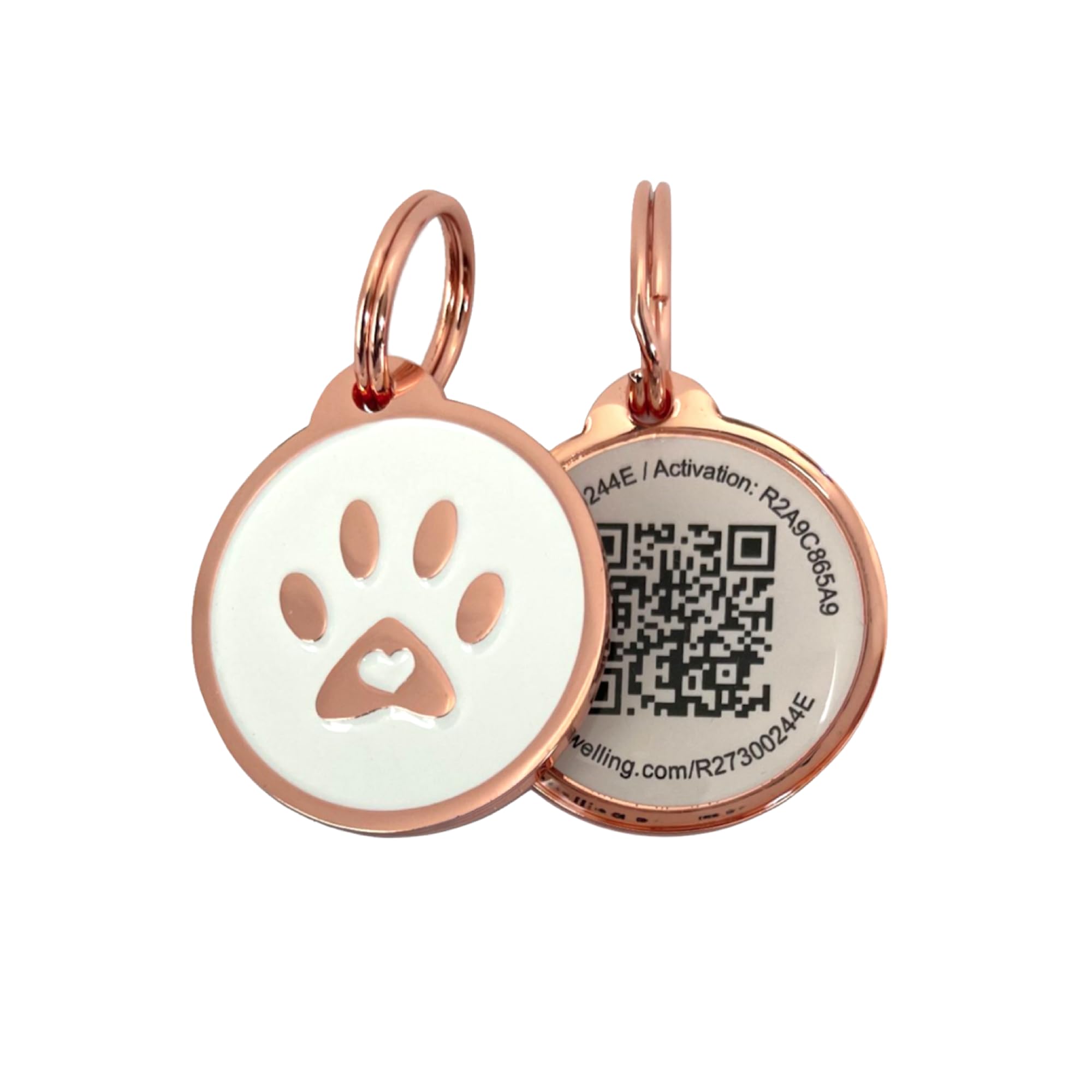 Pet Dwelling Premium QR Pet ID Tag for Dogs & Cats – Smart Pet Safety Tag with Free Online Profile, Scan Alerts with AI-Powered Insights (Lux Rose Gold White Paw)