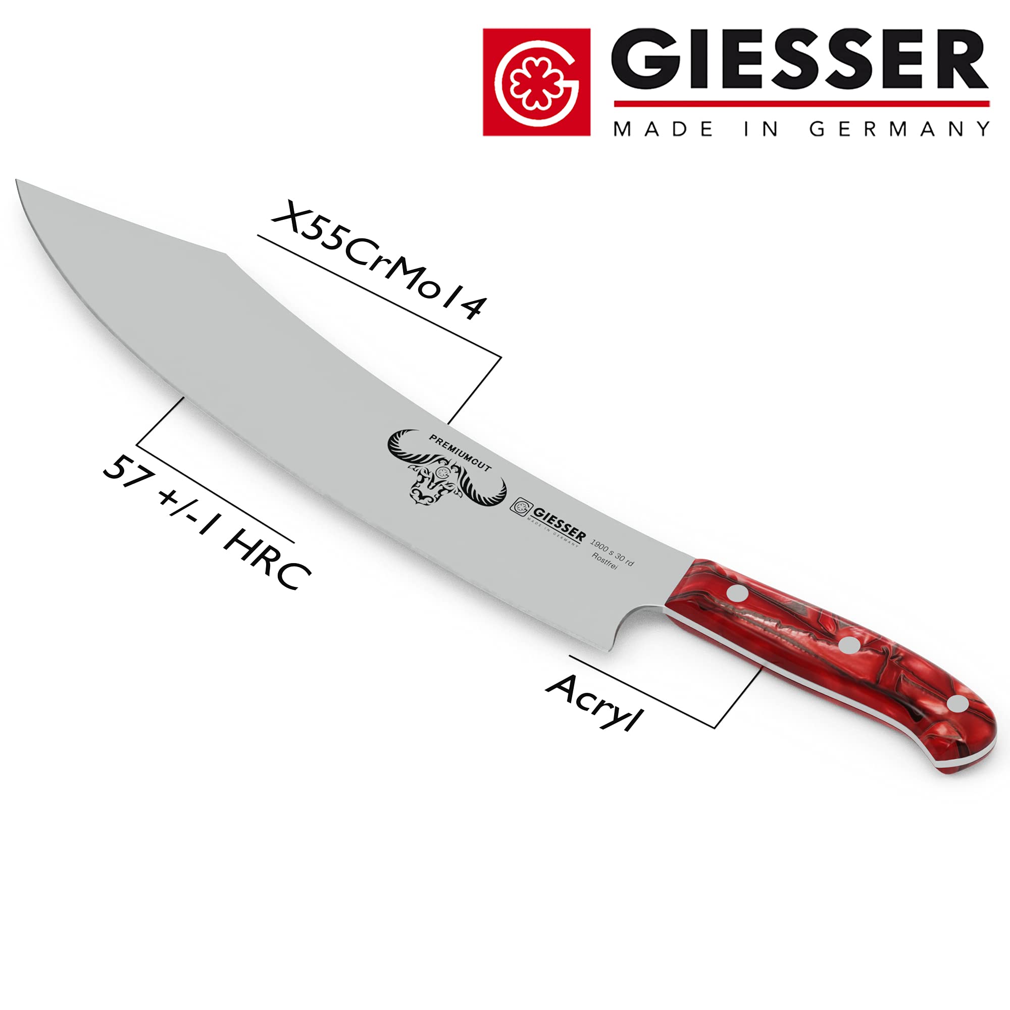 Giesser depuis 1776 - fabriqué en Allemagne - couteau de chef 30 cm Red Diamond, PremiumCut Barbecue No 1, couteau de cuisine, acrylique, rouge, inoxydable, couteau à griller allemand tranchant