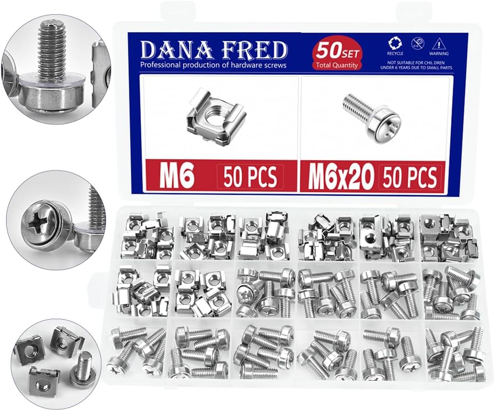50 Sets M6 Rack Screws Cage Nuts Kit,Cage Nut Mounting Screw Bolts Washers Metric Square Hole Hardware for Rack Mount Server Shelves Cabinets Assortment Kit 304 Stainless Steel M6X20