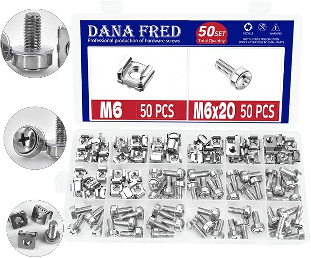 Cage Nut and Mounting Screw Bolts Washers Metric Square Hole Hardware for Rack Mount Server Shelves Cabinets Assortment Kit M6X20mm,50Set