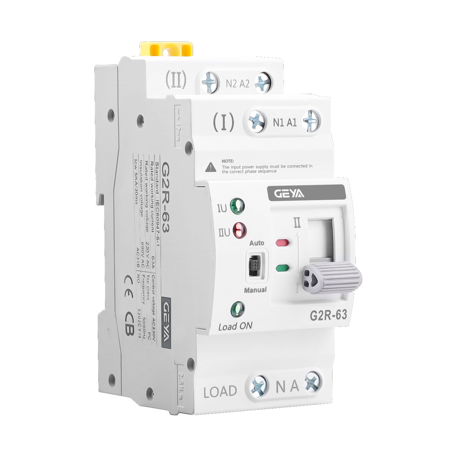 GEYA Mini ATS Interrupteur de transfert double alimentation automatique et manuel,interrupteur solaire avec protection surtension et sous-tension,montage sur rail DIN(2P-63A,CA220V)