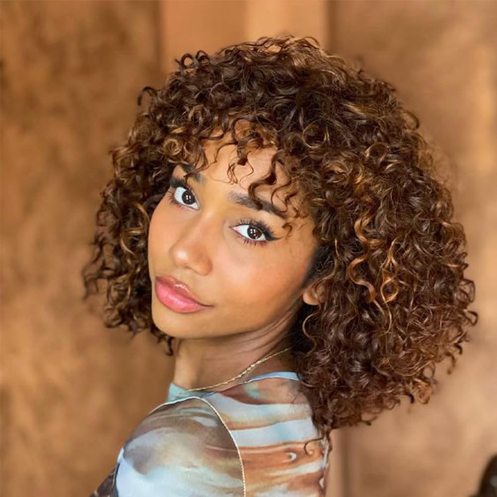 Peluca de pelo humano con flequillo corto y rizado Bob peluca de pelo humano Jerry Curl Bob peluca para mujeres negras 150% densidad sin encaje frontal peluca sin pegamento (30 cm, P4/30/27)