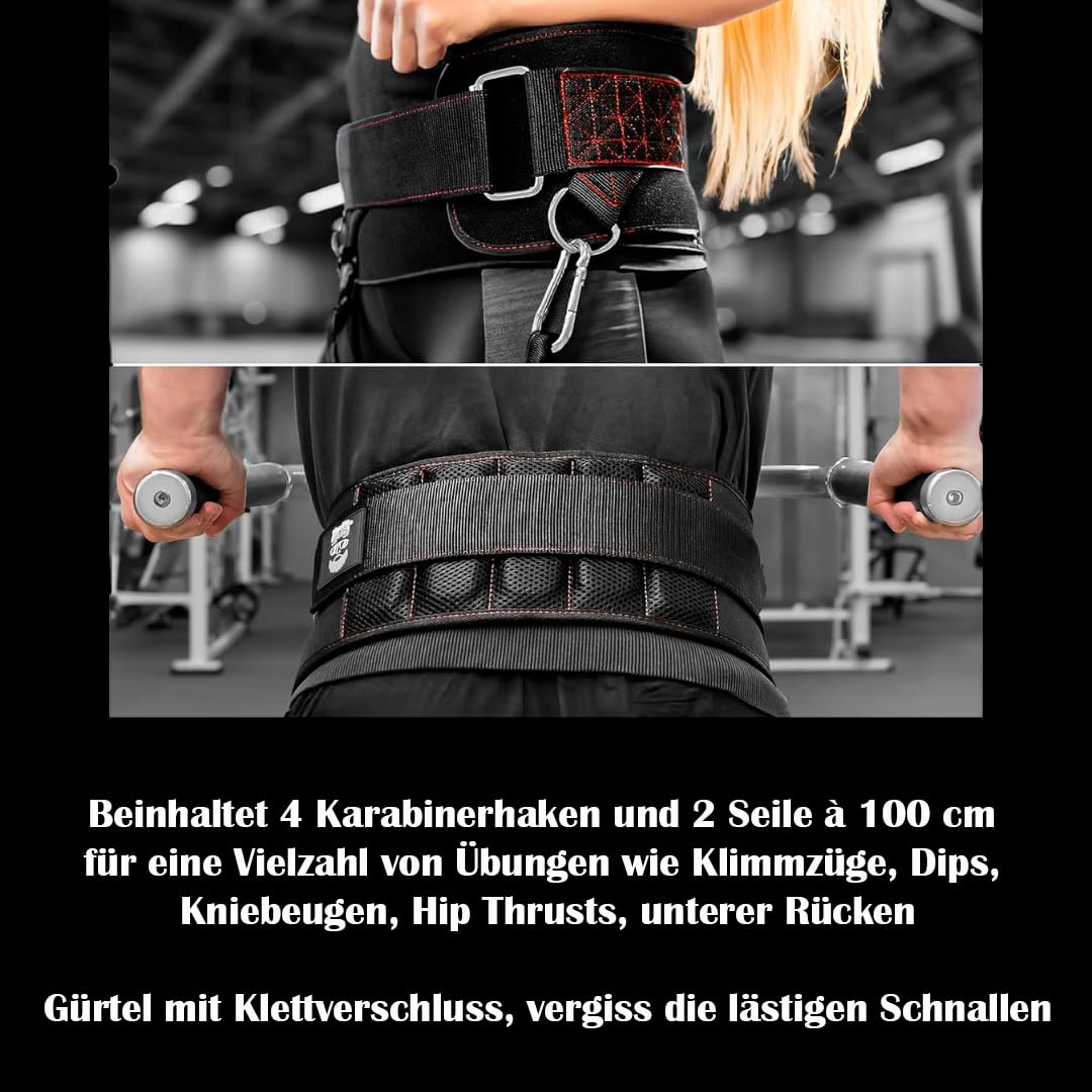 Gewichtsgürtel für Zusatzgewicht mit 1 Seilen von 100 cm und 2 Karabinern | Klimmzug Gürtel bis zu 250Kg | Gürtel für Gewichte de Einheitsgröße 4 Karabinerhaken