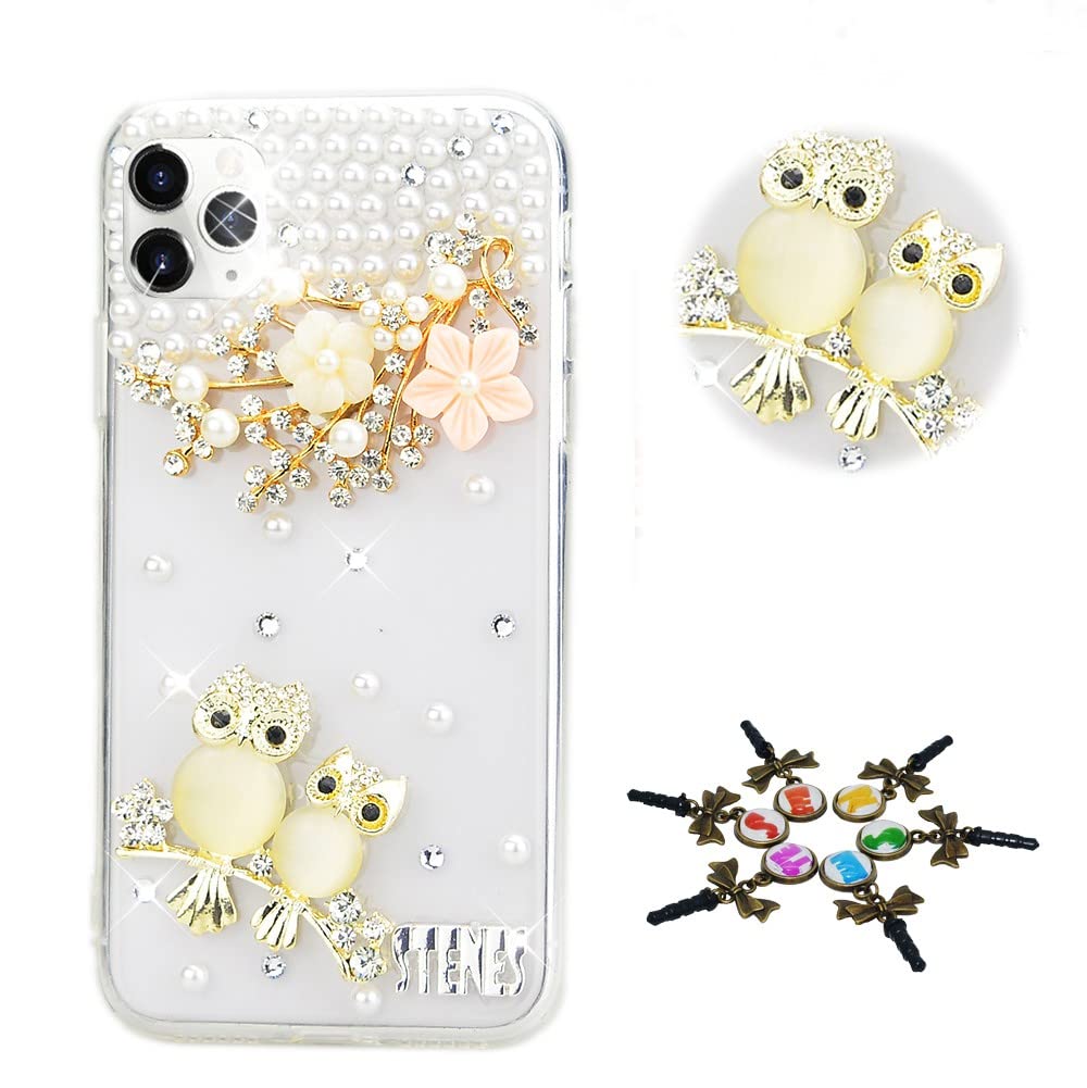 STENES Sparkle Case Compatible with Umidigi A15T Case - STYLISH - 3D Handmade Bling Flowers Night Owl Rhinestone Crystal Diamond Design Girls Women Cover - Champagne