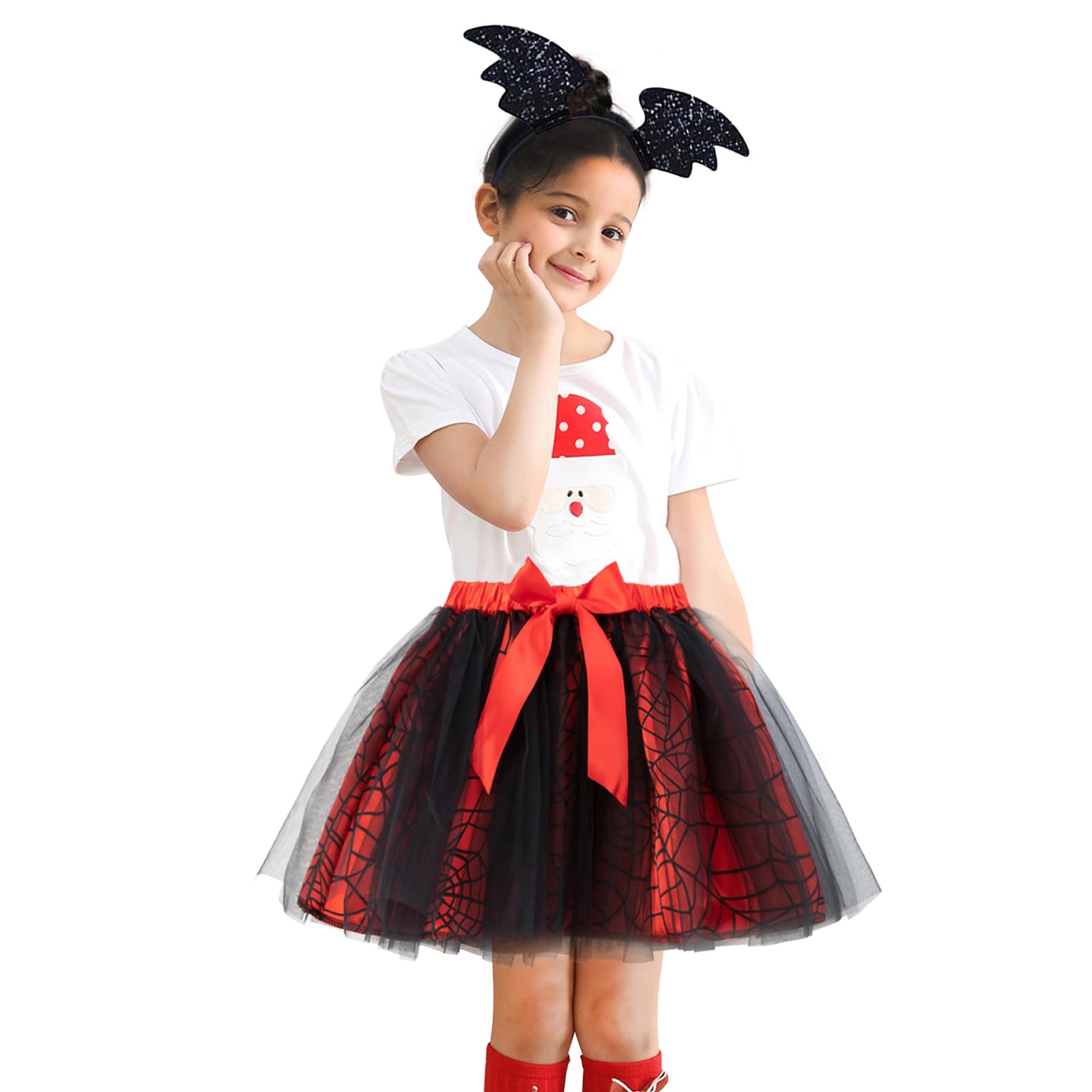 Girls Halloween Costume Spider Web Tutu Skirt Tulle Mesh Skirt with Bat Wing Headband Cosplay Dress Up for Girls