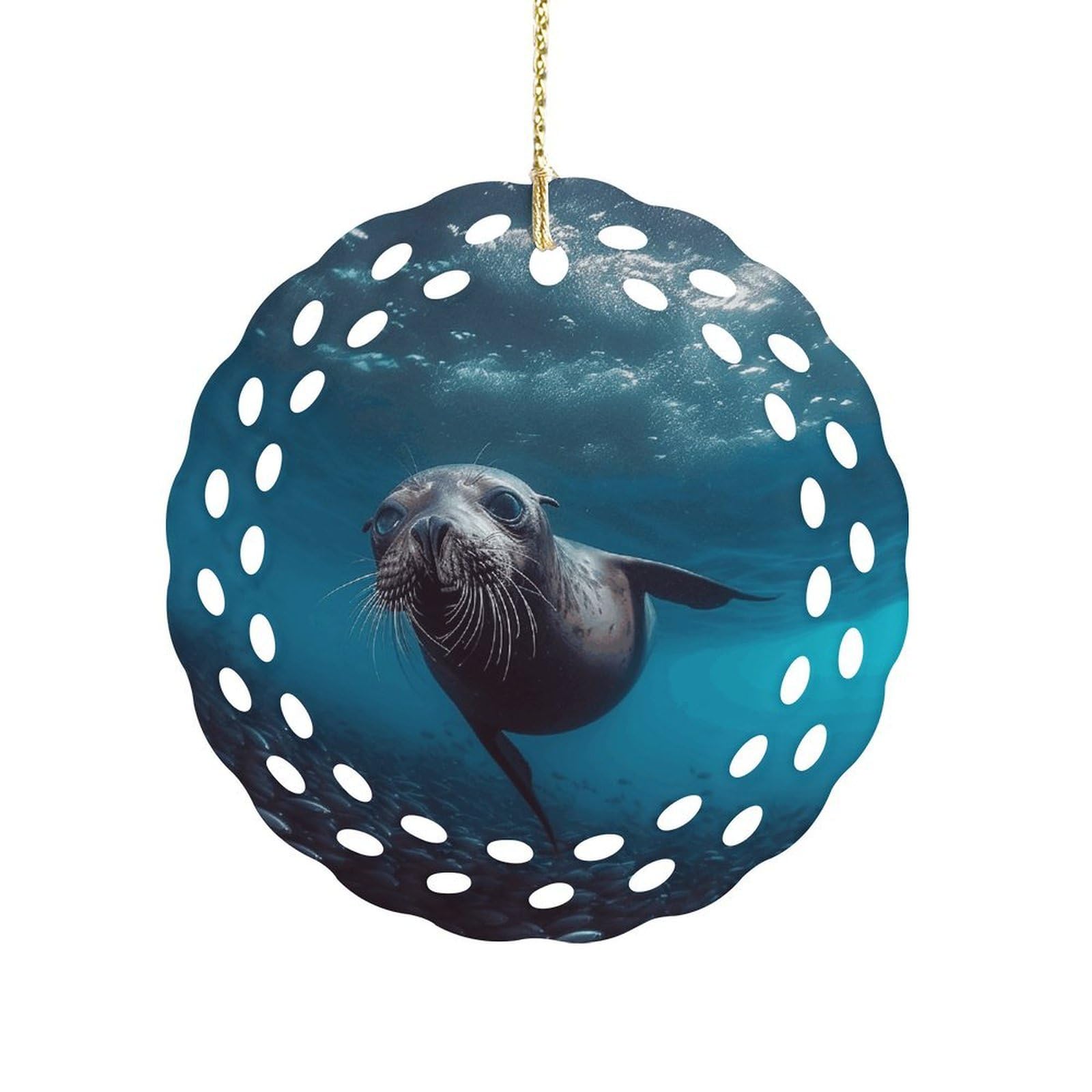 Underwater Sea Lion Christmas Ornament Holiday Hanging Decoration Xmas Tree Keepsake Personalized Xmas Tree Ornament Round Ceramic Ornaments for Keepsake Gifts Ideas Home Decor