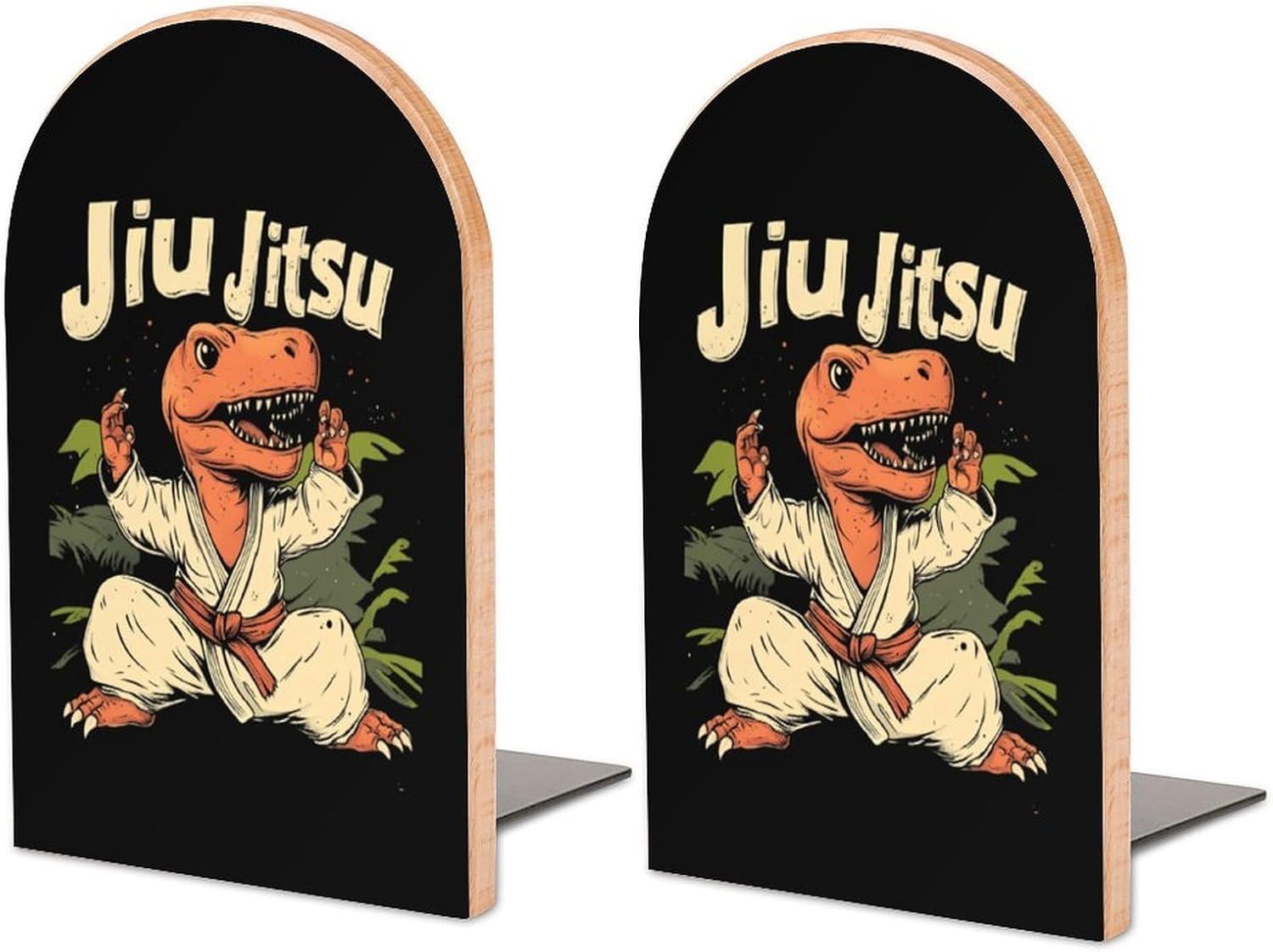 Jiu Jitsu Dinosaur Cute Wood Book Ends Decorative Bookends 1 Pair Non-Skid for Shelves Home Office 7 X 5 Inch