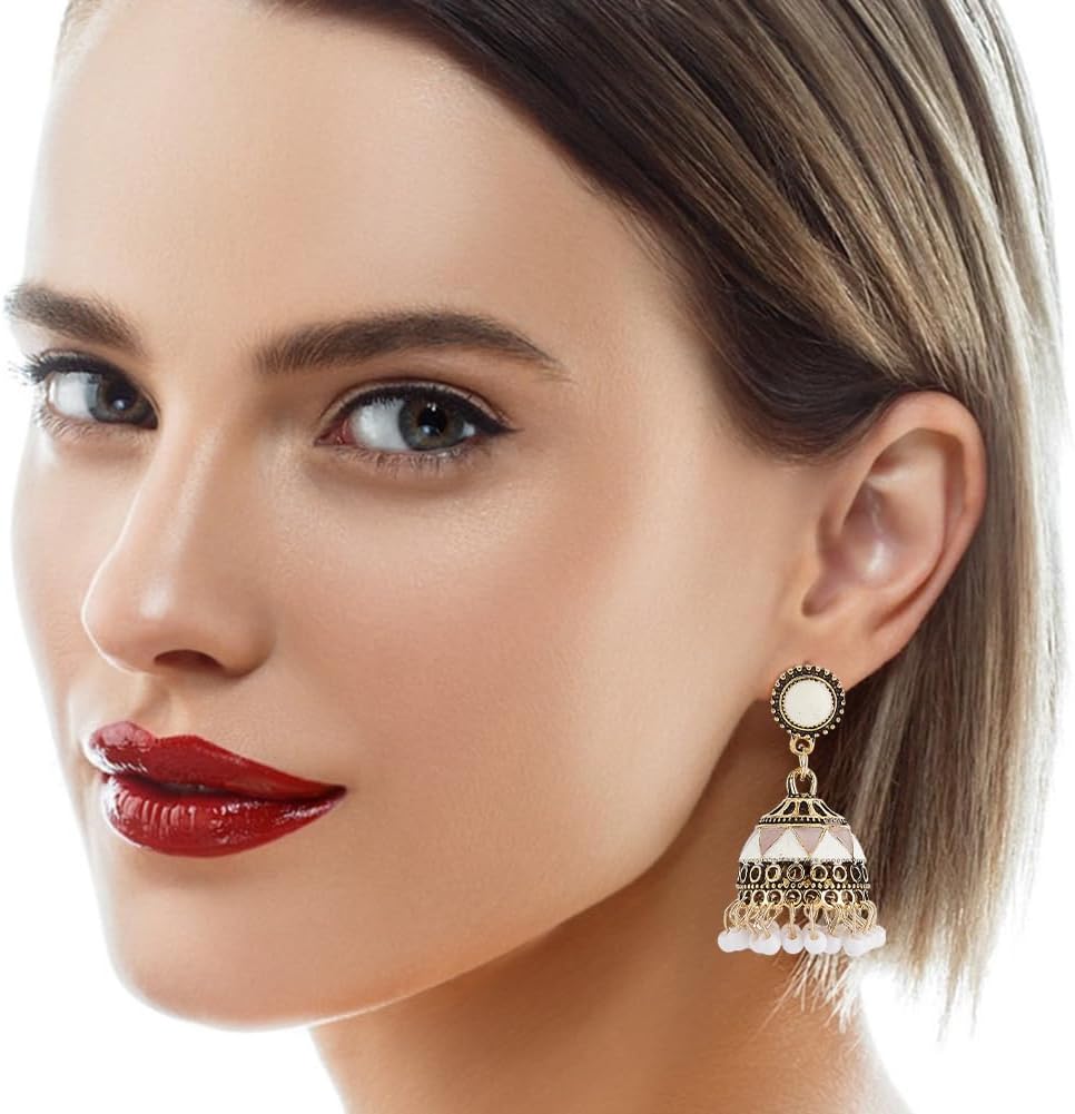 ANATTASOUL 6 Pairs Jhumkas Indian Earrings Vintage Indian Earrings for Women Boho Gold Plated Multicolor Bell Faux Pearl Tassel Dangle Drop Gypsy Bollywood Statement Earring Fashion Jewelry - Image 5