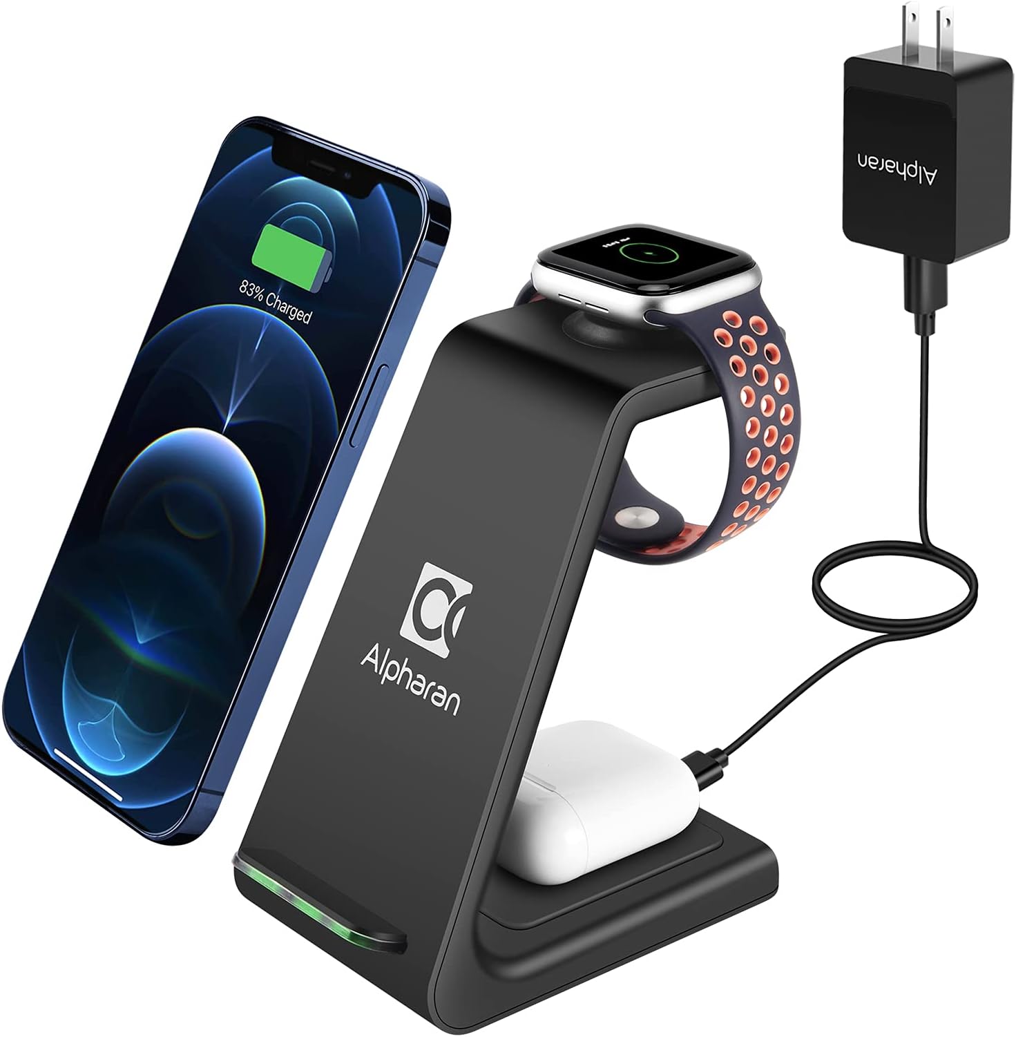 Wireless Charger,3 in 1 Wireless Charging Station,Fast Charging Stand Dock for Apple Watch Series,AirPods,iPhone 15 14 13 12 11 Pro Max X XR XS 8 Plus with QC 3.0 Adapter (Black)