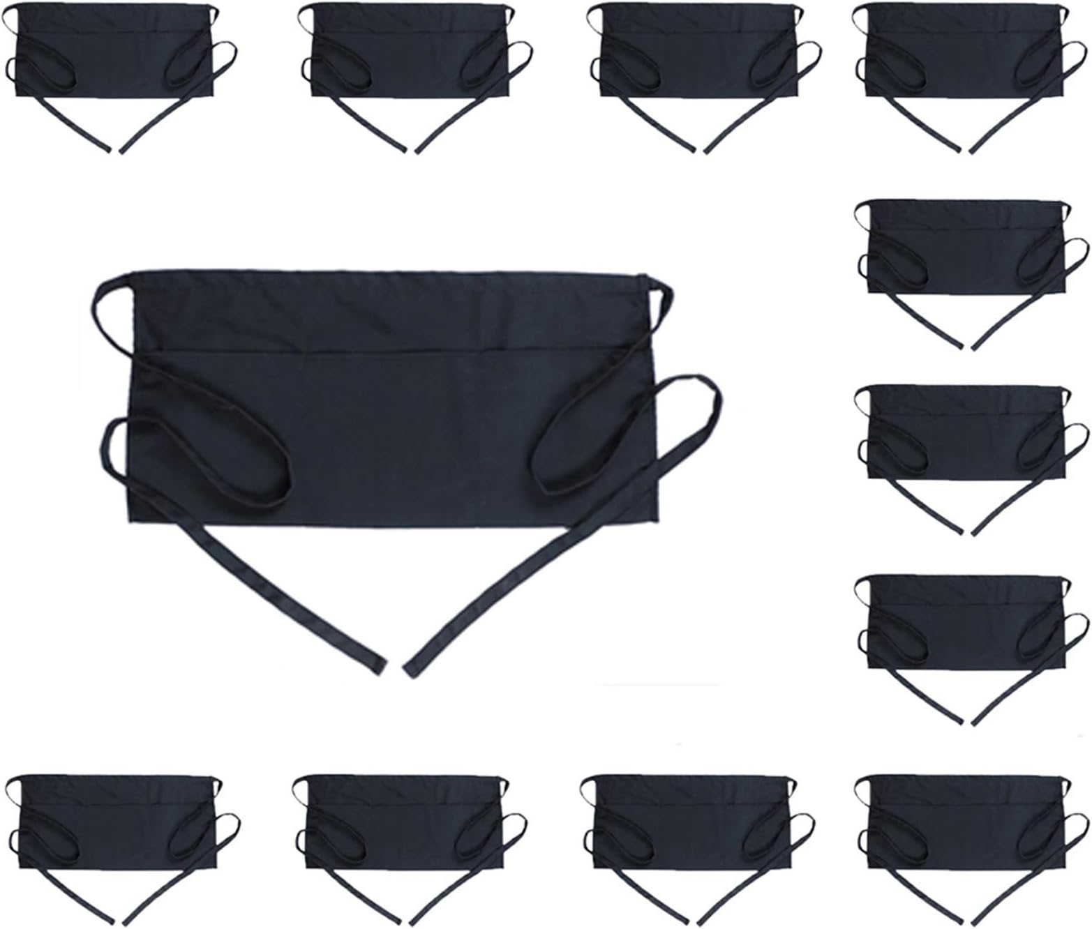BOHARERS Waist Apron with 3 Pockets 12 Pack - Black Waitress Server Short Apron