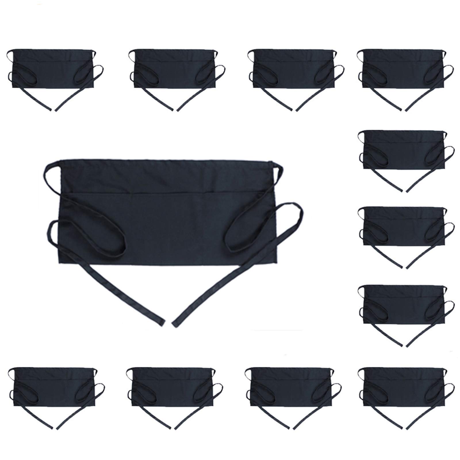 BOHARERS Waist Apron with 3 Pockets 12 Pack - Black Waitress Server Short Apron