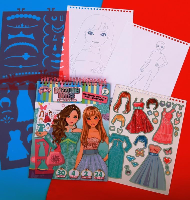 Image of STRIDERS Dazzling Divas Fashion Design Sketchbook | Ultimate Designer Kit | Sticker Sheet | 4 PP Stencils | 2 Color Papers | 24 Inner Sheets