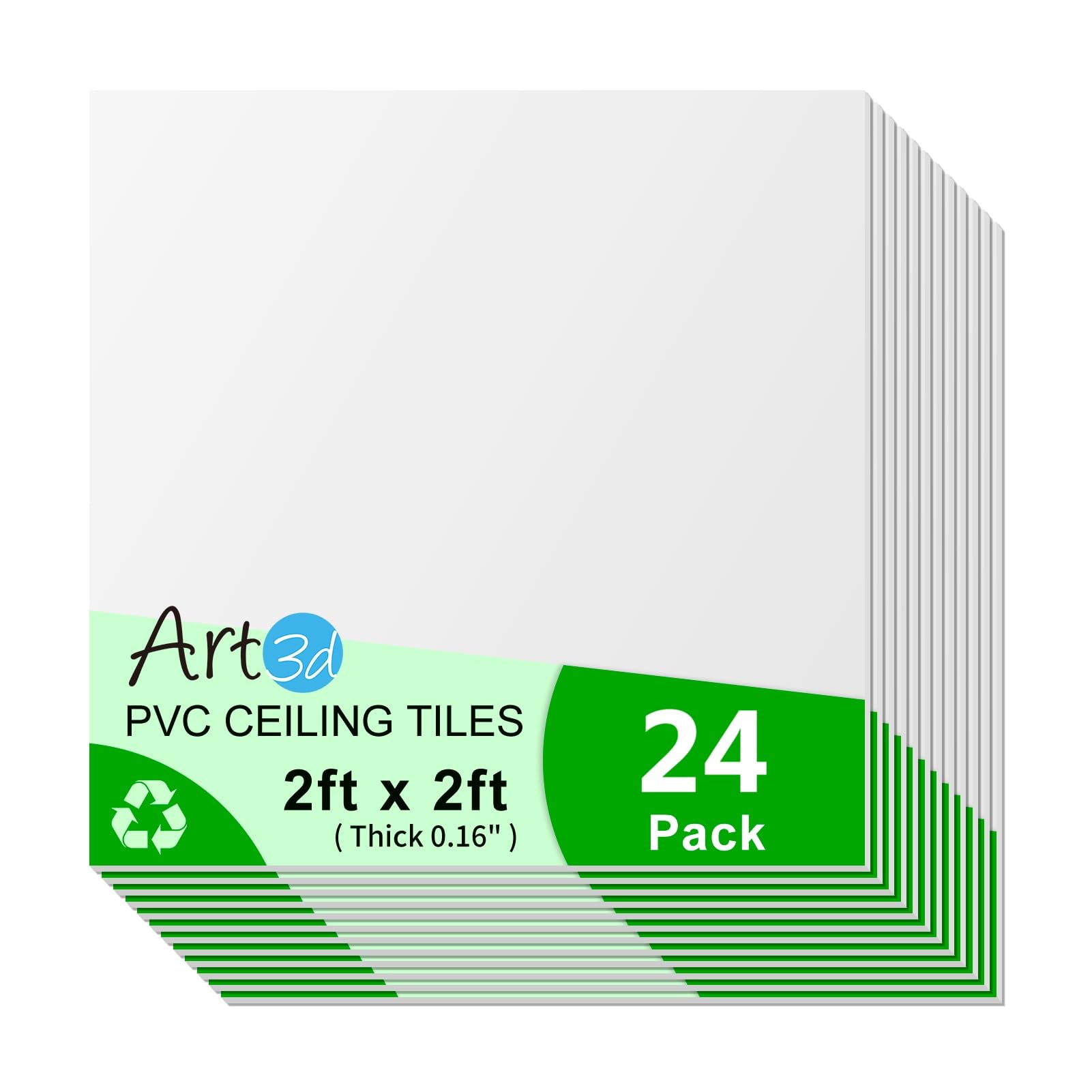 Art3d 24"x24" Smooth Drop Ceiling Tiles (48 Sq.Ft), 12-Pack 2ft x 2ft PVC Tiles for Home and Office, Waterproof and Reusable Plastic Ceiling, White