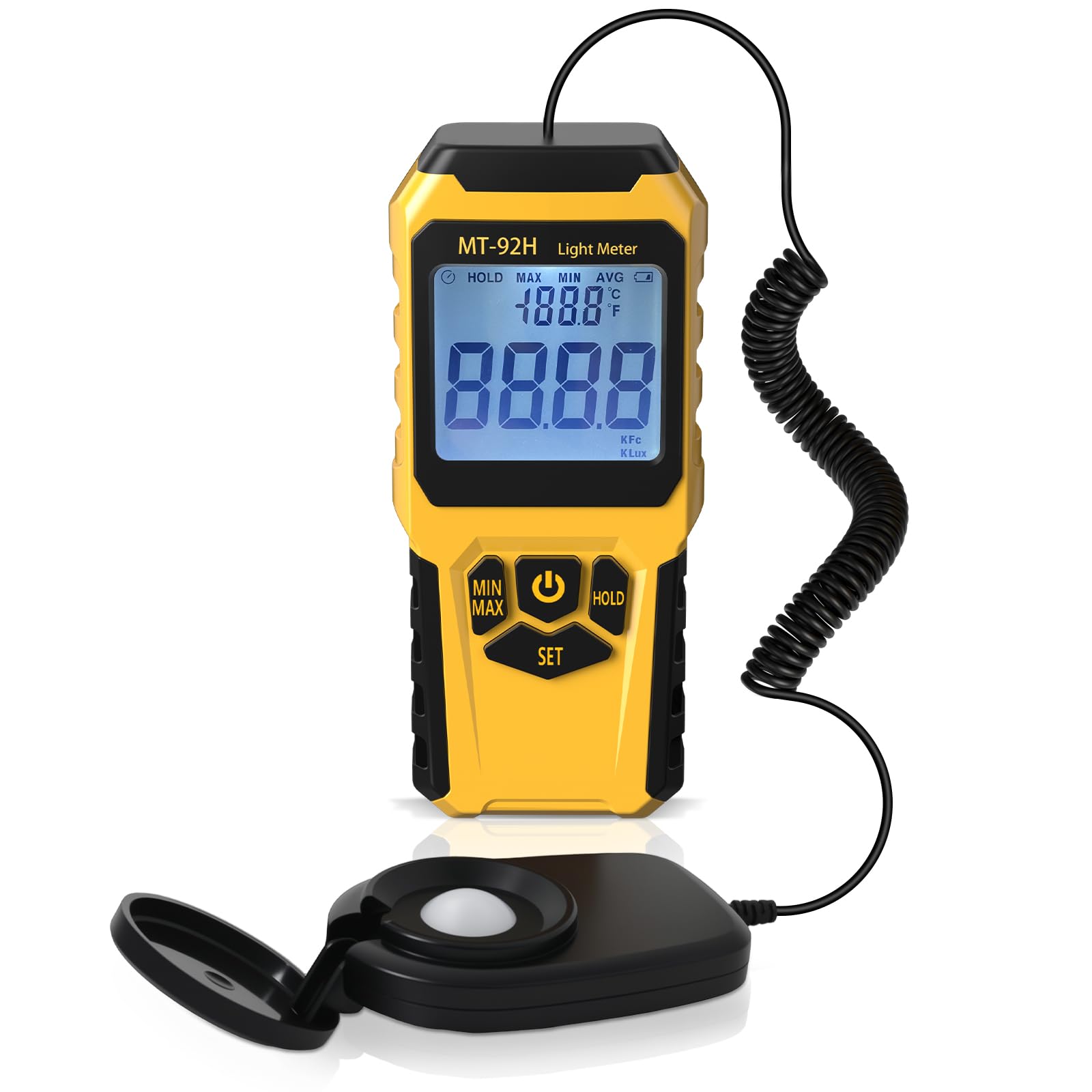 Digitales Luxmeter, Handheld Lux Messgerät Thermometer mit Externem Sensor, bis 200.000 Lux, hohe Genauigkeit, LCD Display, Lichtmessgerät für Pflanzen Innen Außen