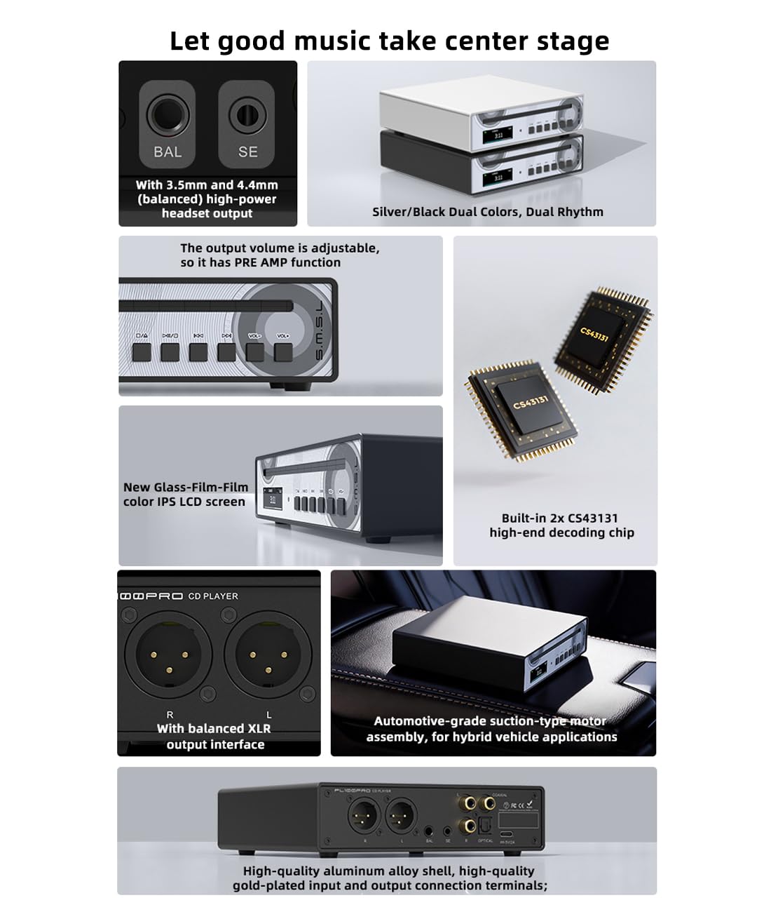 SMSL PL100Pro - Reproductor de CD multifunción 2 chips DAC CS43131 de gama alta compatible con reproducción MQA sin pérdidas XLR de 3,5 mm y 4,4 mm de salida de auriculares (negro)