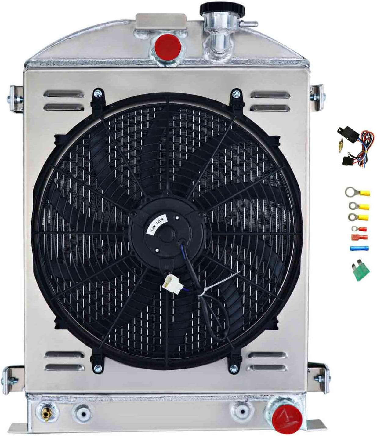 3 Row Radiator For 1928 1929 1930 1931 Ford Model A Grille Shells Chevy GM V8, Aluminum 3 Row Core Downflow Radiators Shroud 16" Fans Relay AT