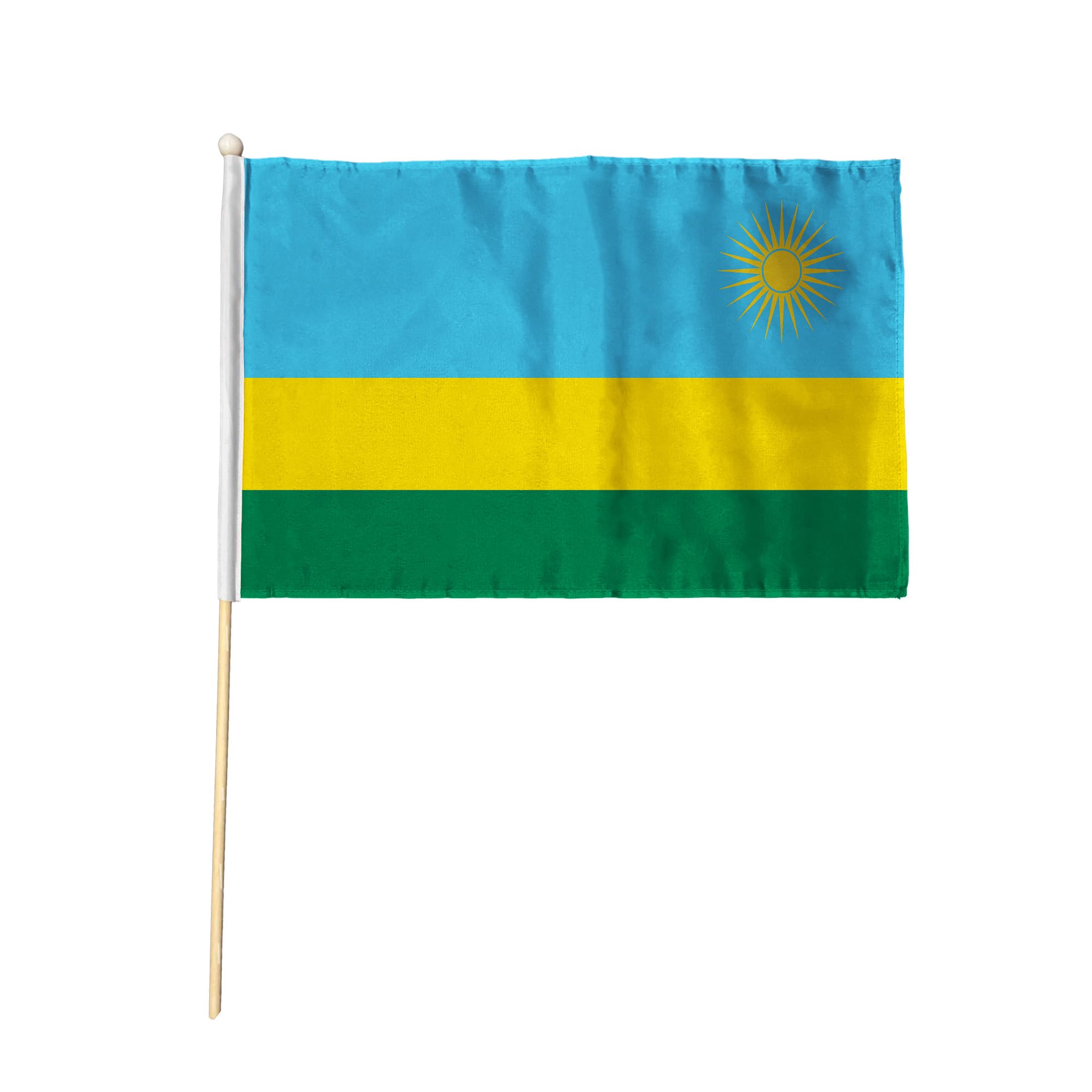 Flagtex Rwanda Pack of 2 Hand Waving Flag (18x12 Inch Large) - Premium Wooden Stick Hand Flag Big Size Natural Wood Pole Rwandan National Flag Events Celebrations International Sports Cultural