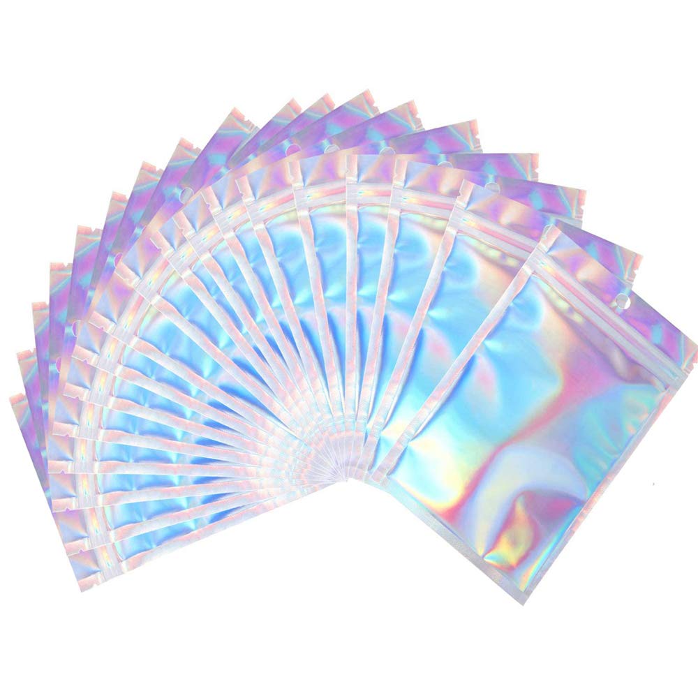 Xutong Silver 100 Pieces Mylar Ziplock Bags， Resealable Smell Proof Bags Foil Pouch Bag Flat Ziplock Bag For Party Favor Food Storage -Holographic Color 6 X 10 Cm