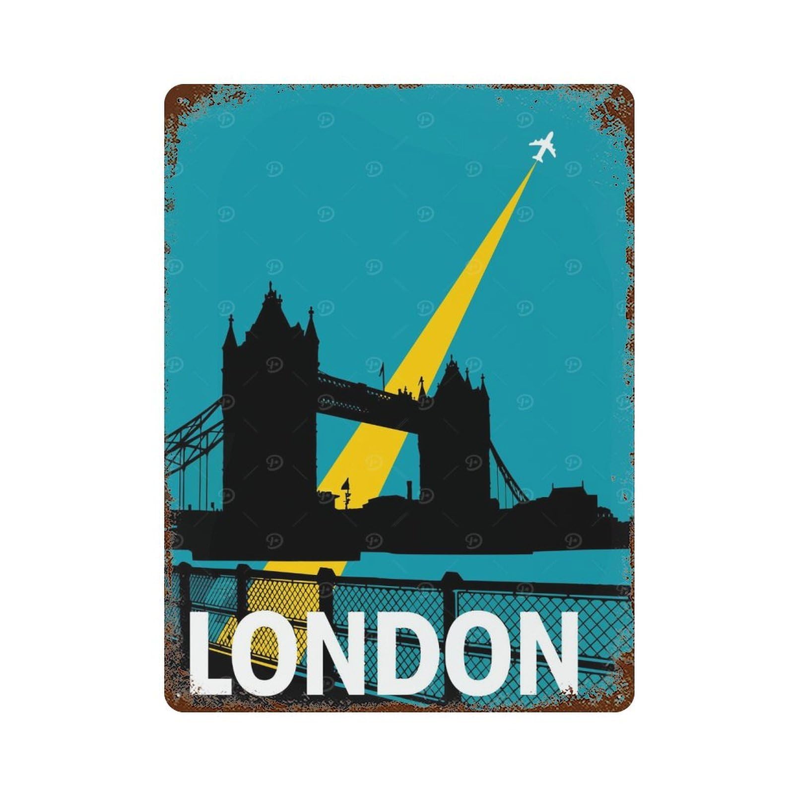 London Travel Rustic Tin Plaque 15.7"x11.8", for Shed, Workshop And Garage Wall Decor, Shabby Chic Decor