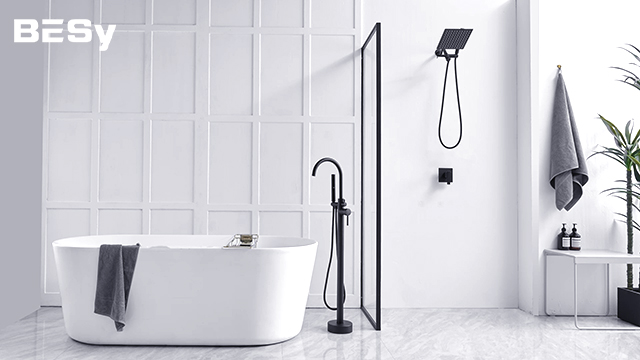 Grifería para bañera independiente BESy color negro mate con ducha de mano y montaje en piso miniatura 7