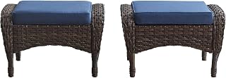 Belord 25-Inch PE Wicker Outdoor Ottomans Set of 2 - All-Weather Patio Footrests with Removable Cushions, Brown Rattan for Balcony & Deck