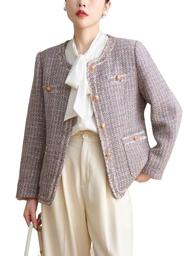Womens Fall Casual Button Down Tweed Blazer Jacket Round Neck Collarless Office Work Jacket Coats