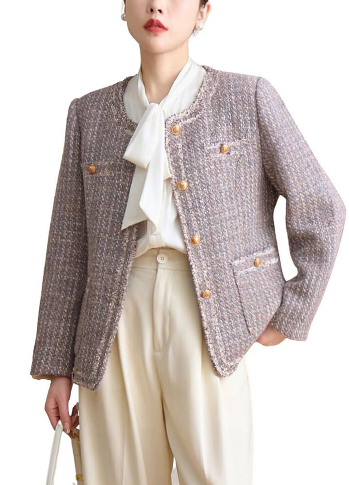 Womens Fall Casual Button Down Tweed Blazer Jacket Round Neck Collarless Office Work Jacket Coats