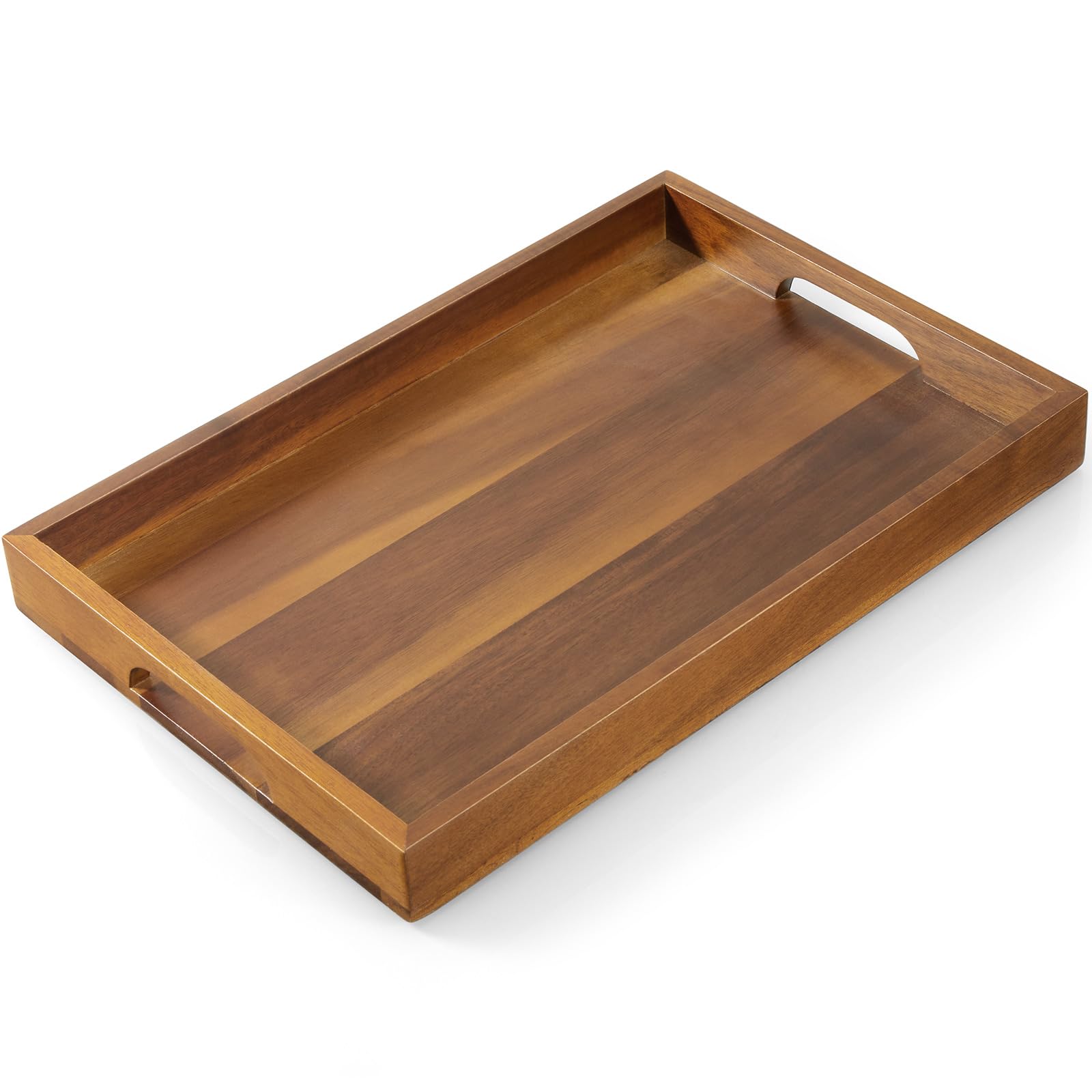 Photo 1 of 15 Inch Acacia Wood Serving Tray with Handles - Wooden Tray for Ottoman, Breakfast in Bed, Dinner, Coffee Table - Decorative Rectangular Tray for Living Room Bedroom Entryway and Kitchen