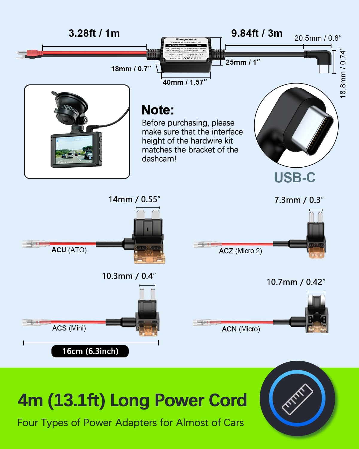 Range Tour Dash Cam Hardwire Kit, USB-C Port 4m Hard Wiring Kit for Car Cam Car Charger Power Cord 12V/24V to 5V 2.5A Charger Cable with 4 Power Adapters 3 Fuses for Dashcam — view 7