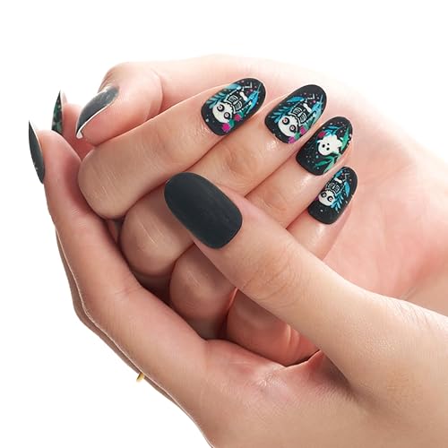 Miniatura 2 de GLAMERMAID Uñas postizas a presión ovaladas medianas, uñas postizas de calavera negra con diseño de huesos, kits de uñas postizas acrílicas ovaladas
