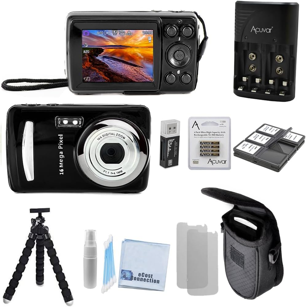 Acuvar16 MegaPixel Entry Camera Vlogging Kit with Flexible Tripod, SD Card Reader, 4 AAA Batteries & Charger, 6 Slot SD Card Holder, Lens Cleaning Kit and Hard Shell Case